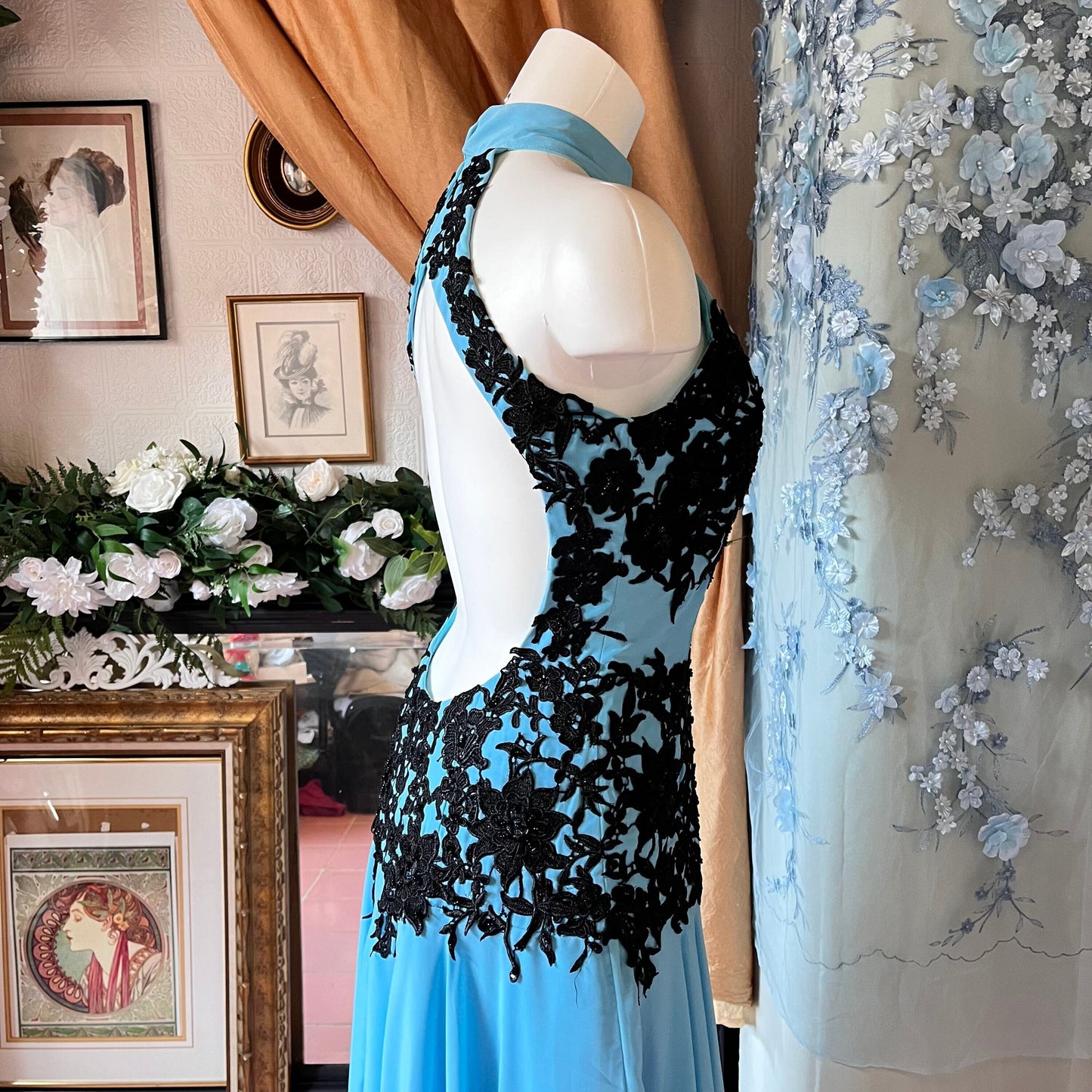 Blue Halter Top Dress W/ Black Applique & Open Back