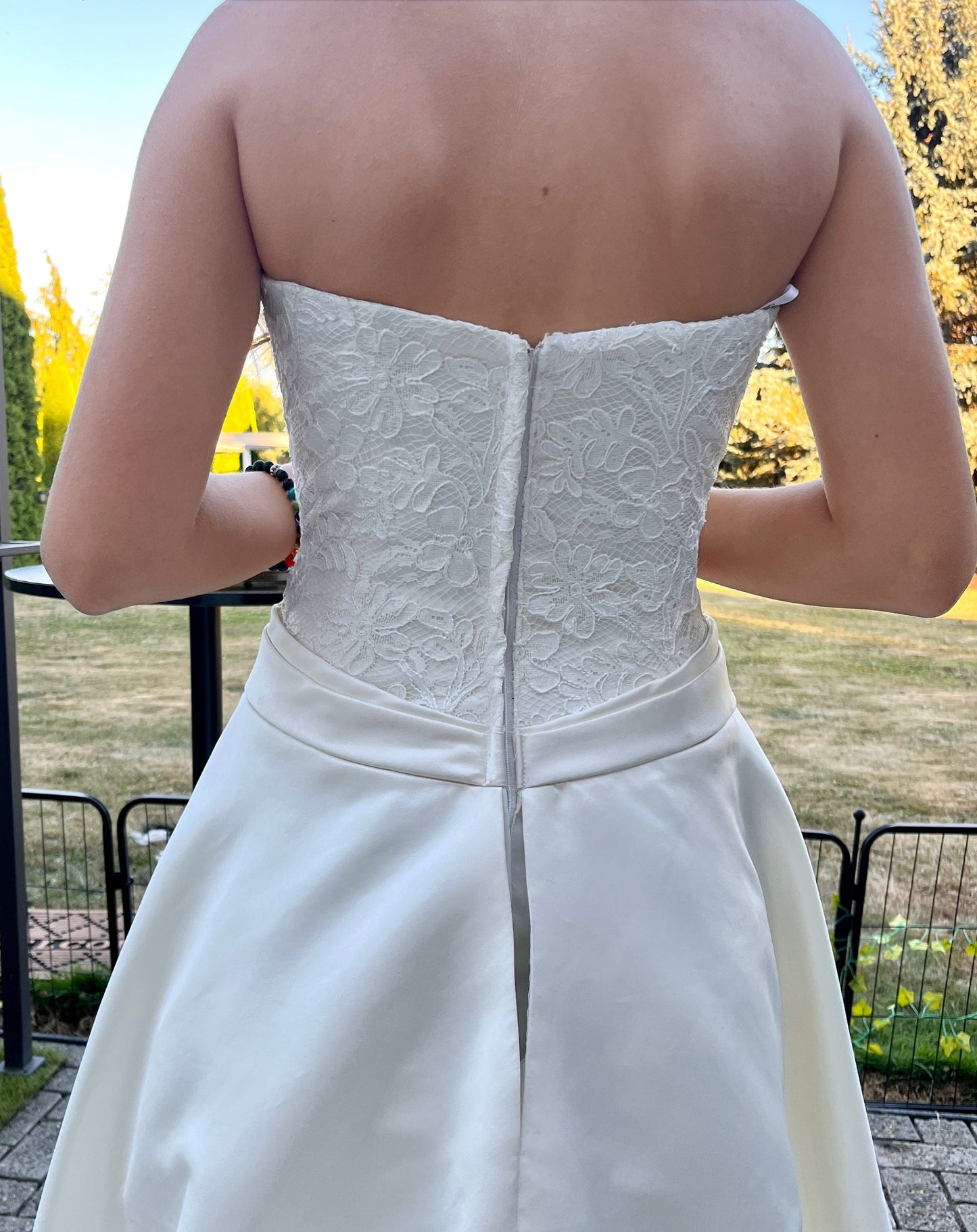 Alfred Sung Strapless Ivory Satin Ballgown with Lace Top