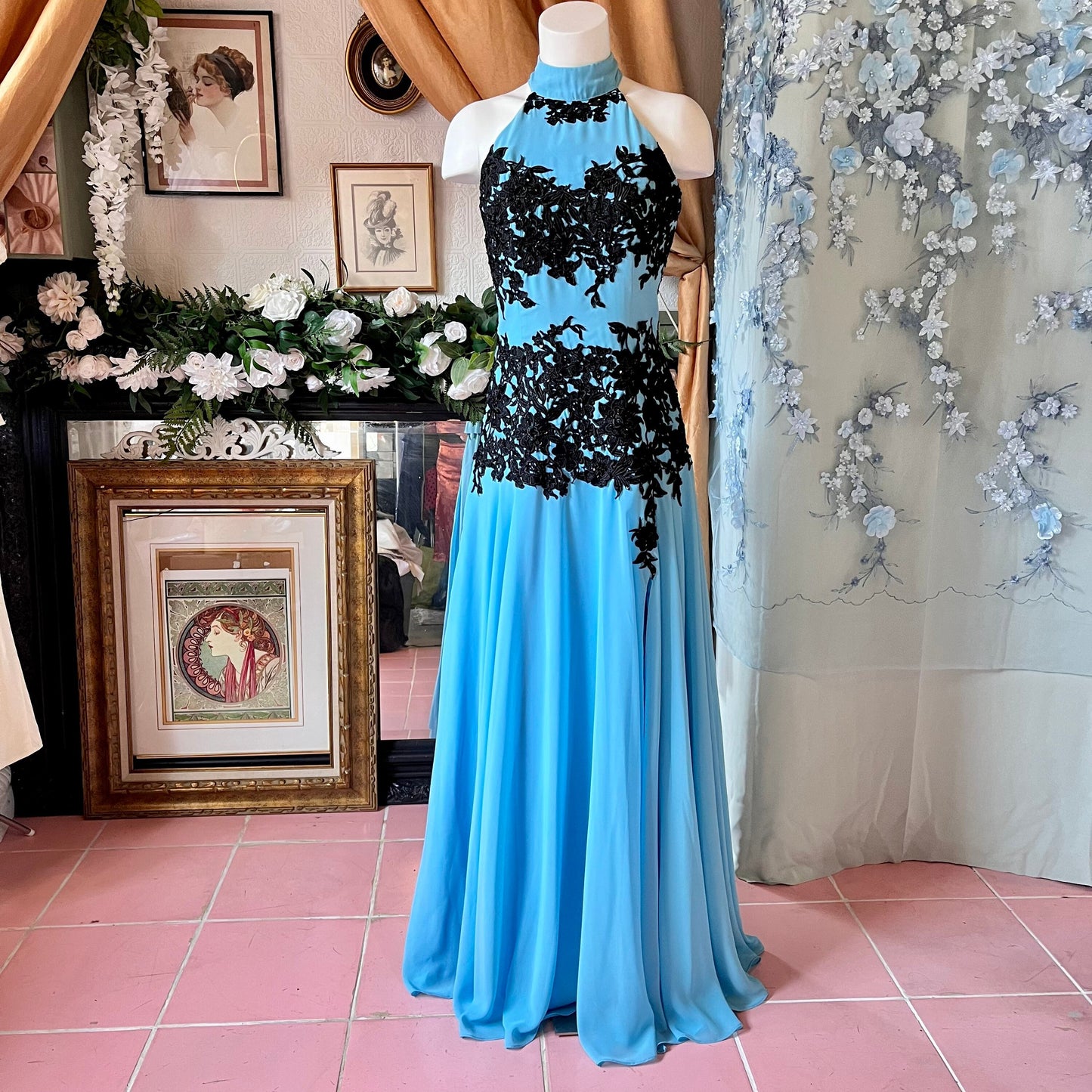 Blue Halter Top Dress W/ Black Applique & Open Back