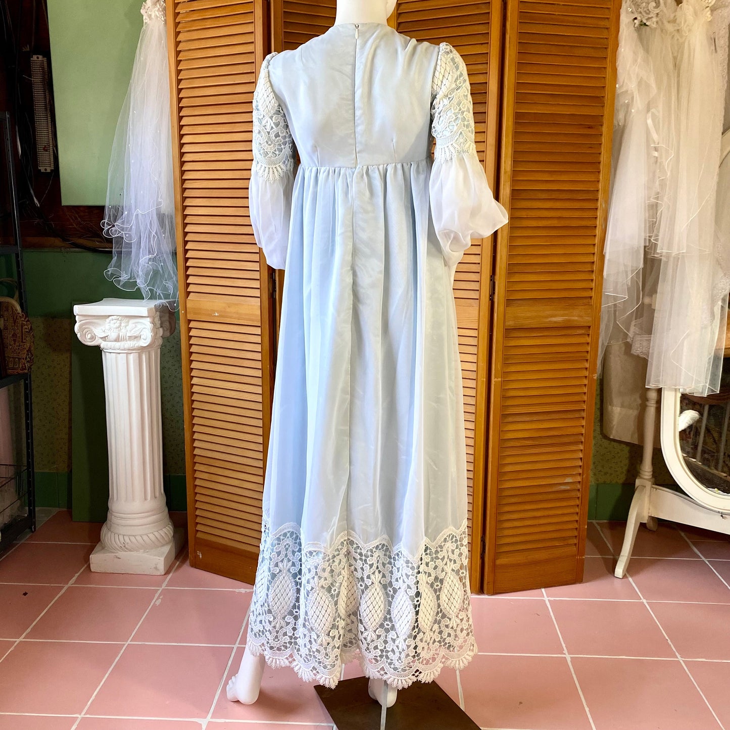 1973 Ivory Over Blue French Laced Dress with 2 Matching Veils.
