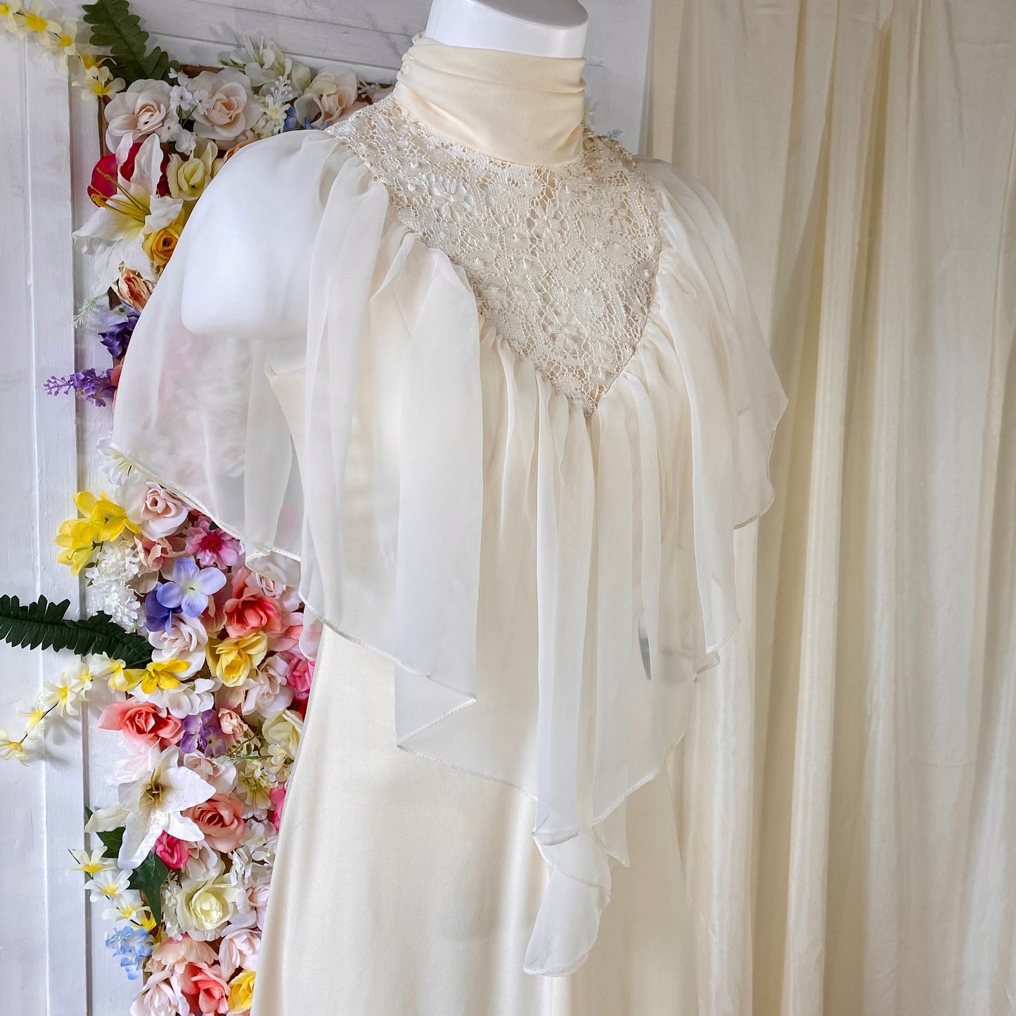 Sleeveless Butter Cream Dress with Sheer Yoke and High Modest Collar