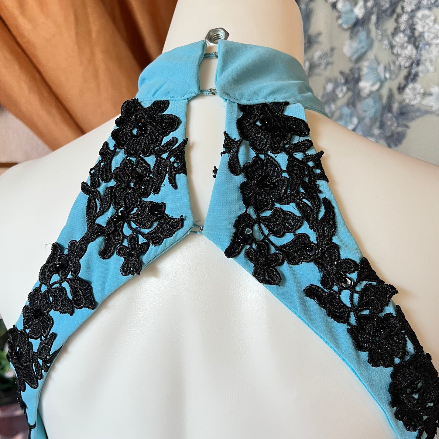 Blue Halter Top Dress W/ Black Applique & Open Back