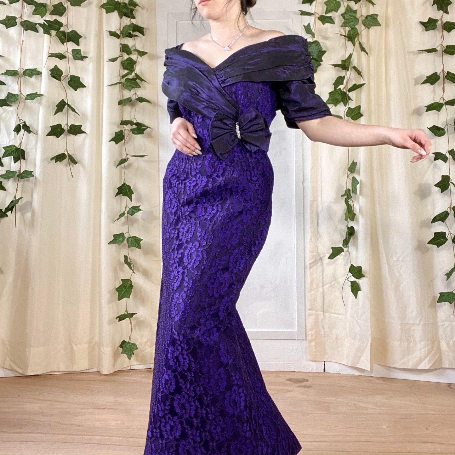 Purple Off Shoulder Vintage Lace Dress