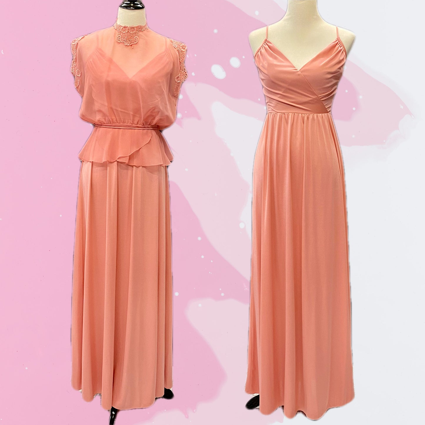 Cute 70's Vintage Peach Maxi Dress With Sheer High Collared Top