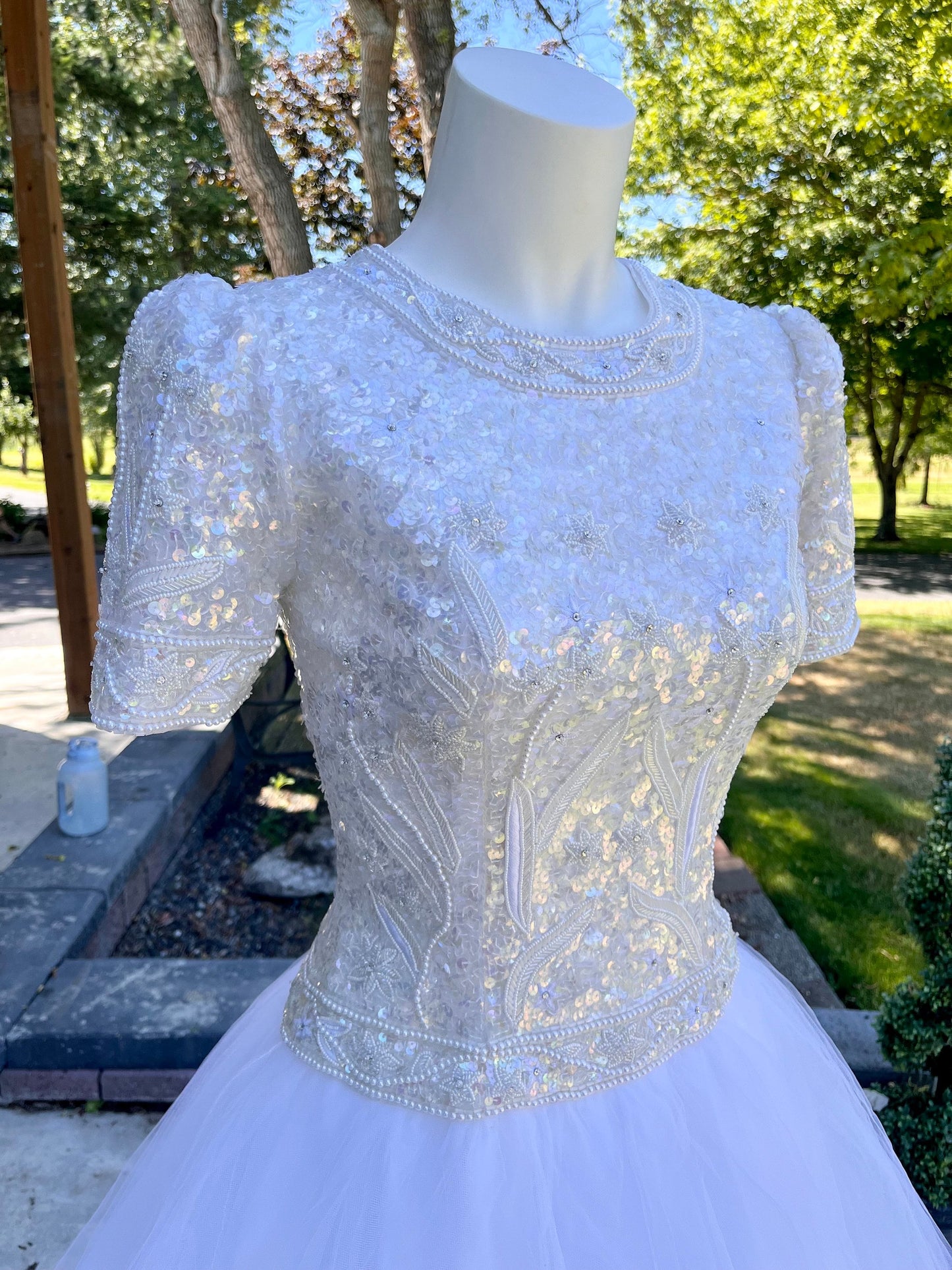 Stunning Vintage White Wedding Gown With Sequin/Beaded Bodice & Tulle Skirt