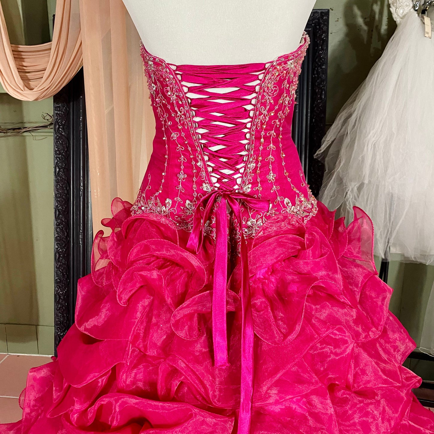 Fuchsia Strapless Ballgown With Ruffled Organza Skirt