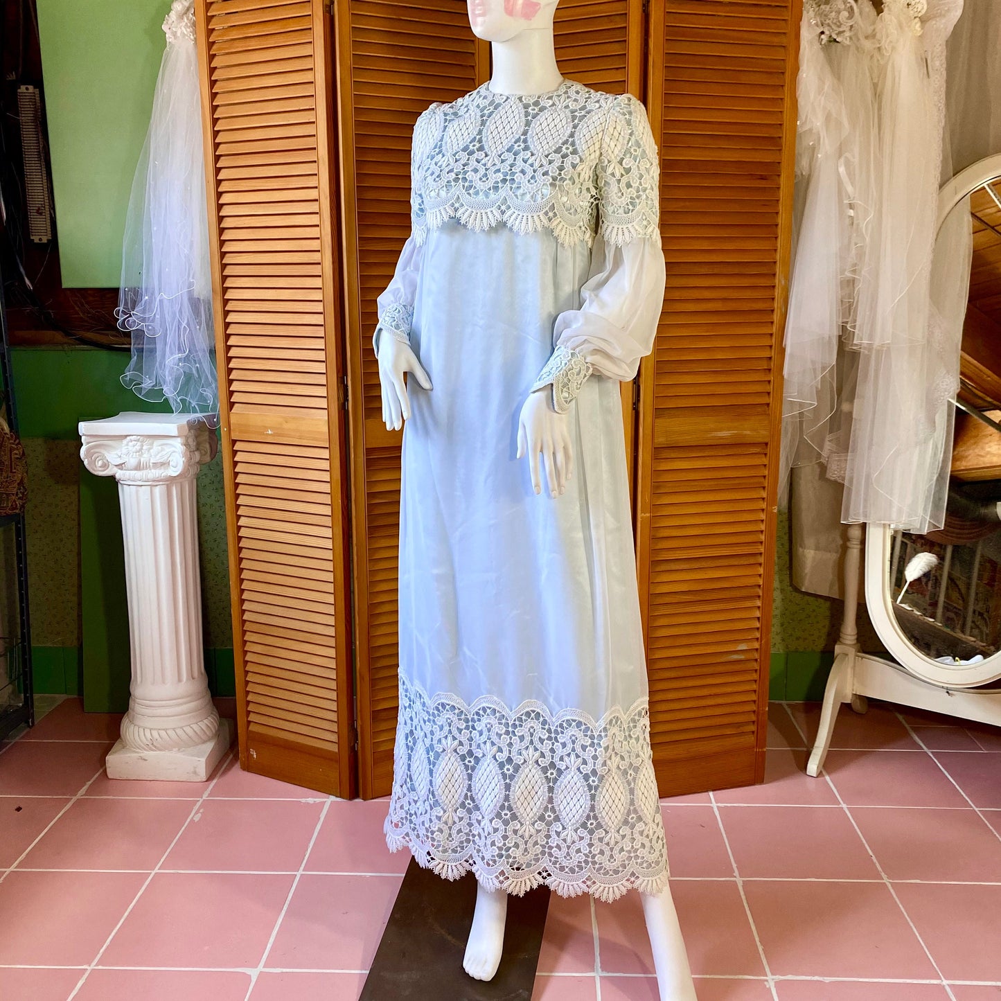 1973 Ivory Over Blue French Laced Dress with 2 Matching Veils.
