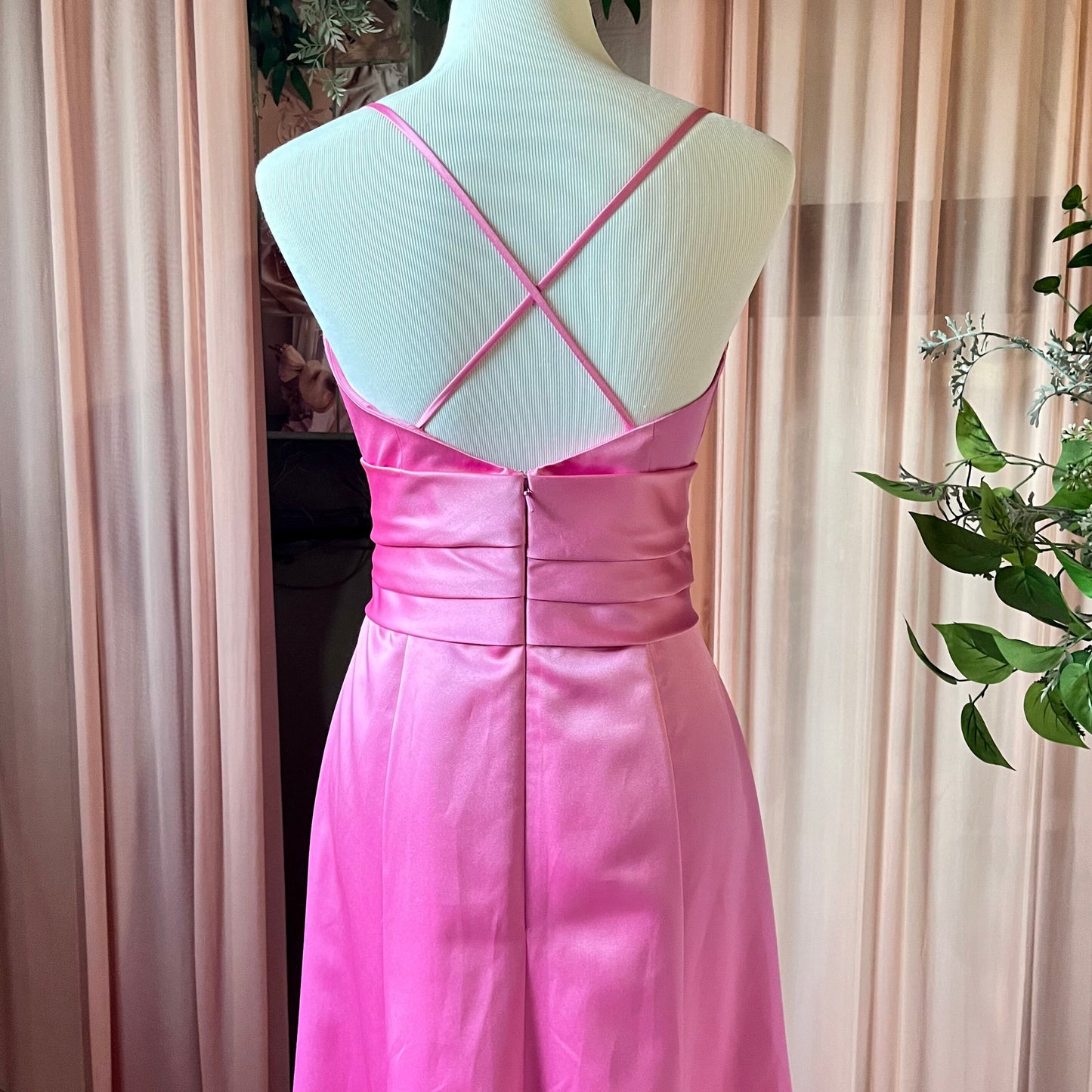 Pink Satin Gown With Adjustable Spaghetti Straps.