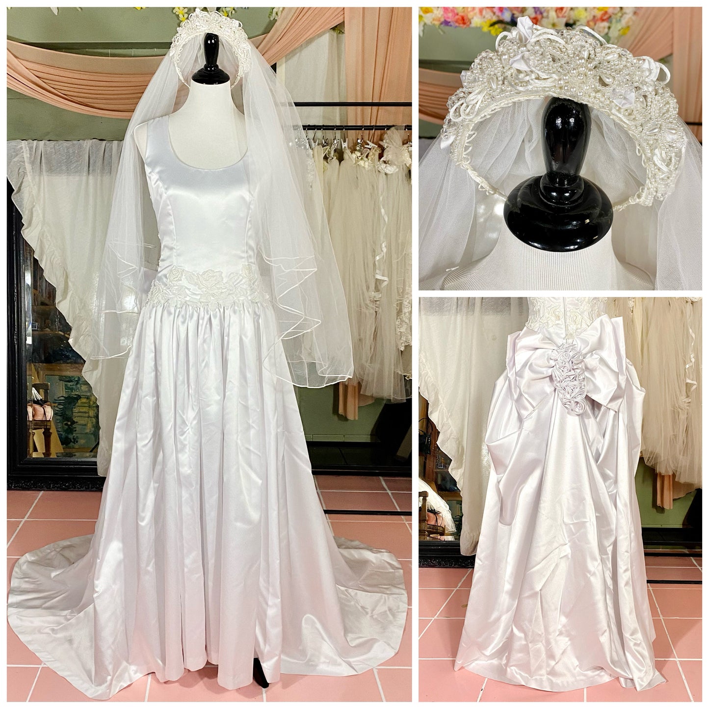 1997 Sleeveless White Wedding Dress With Bustle & Veil
