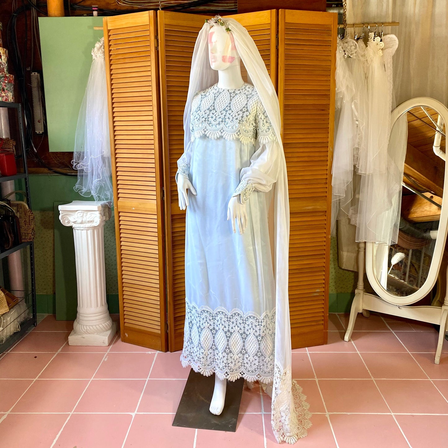 1973 Ivory Over Blue French Laced Dress with 2 Matching Veils.