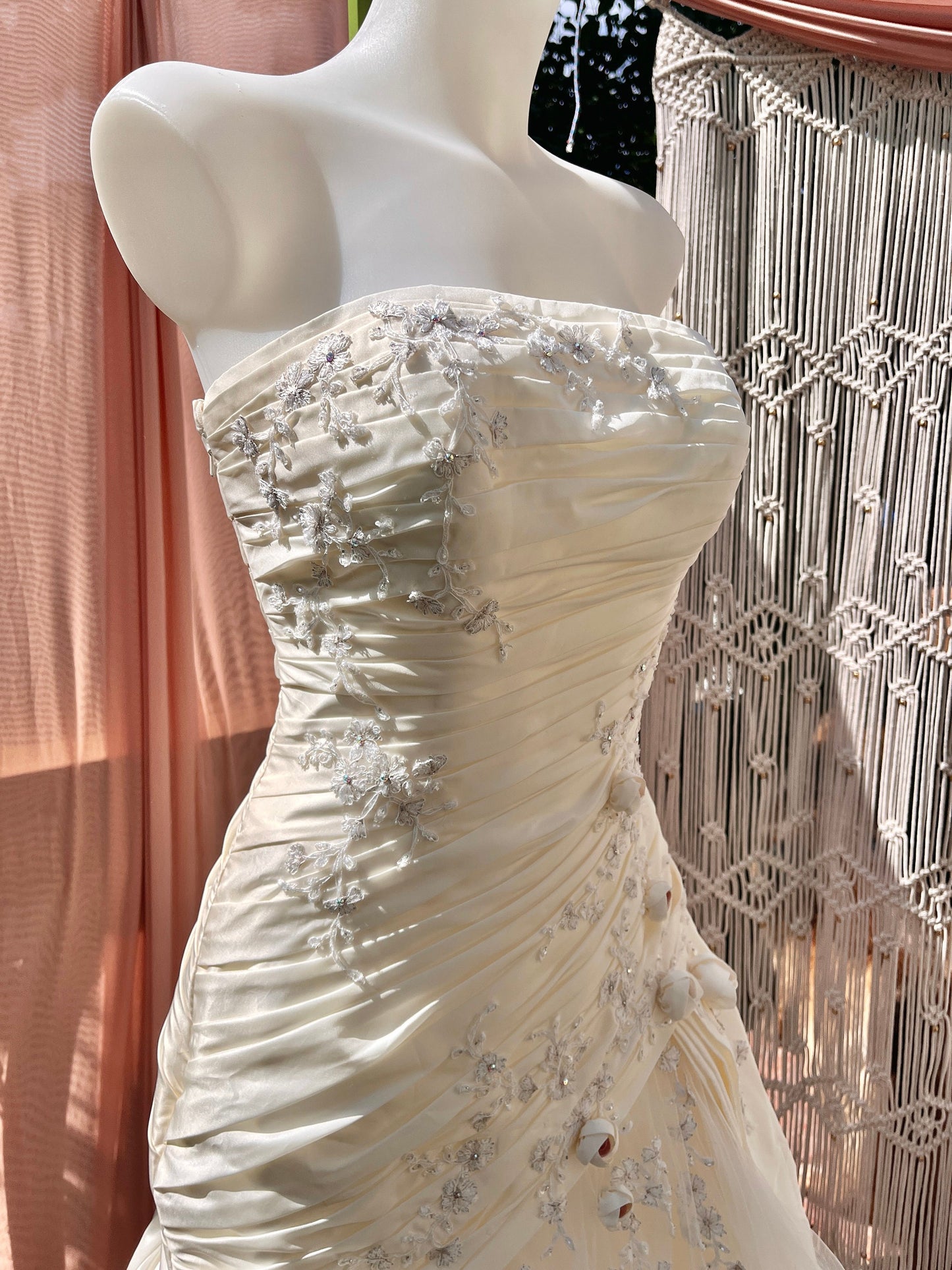 Ivory Taffeta Strapless Wedding Gown With Roses