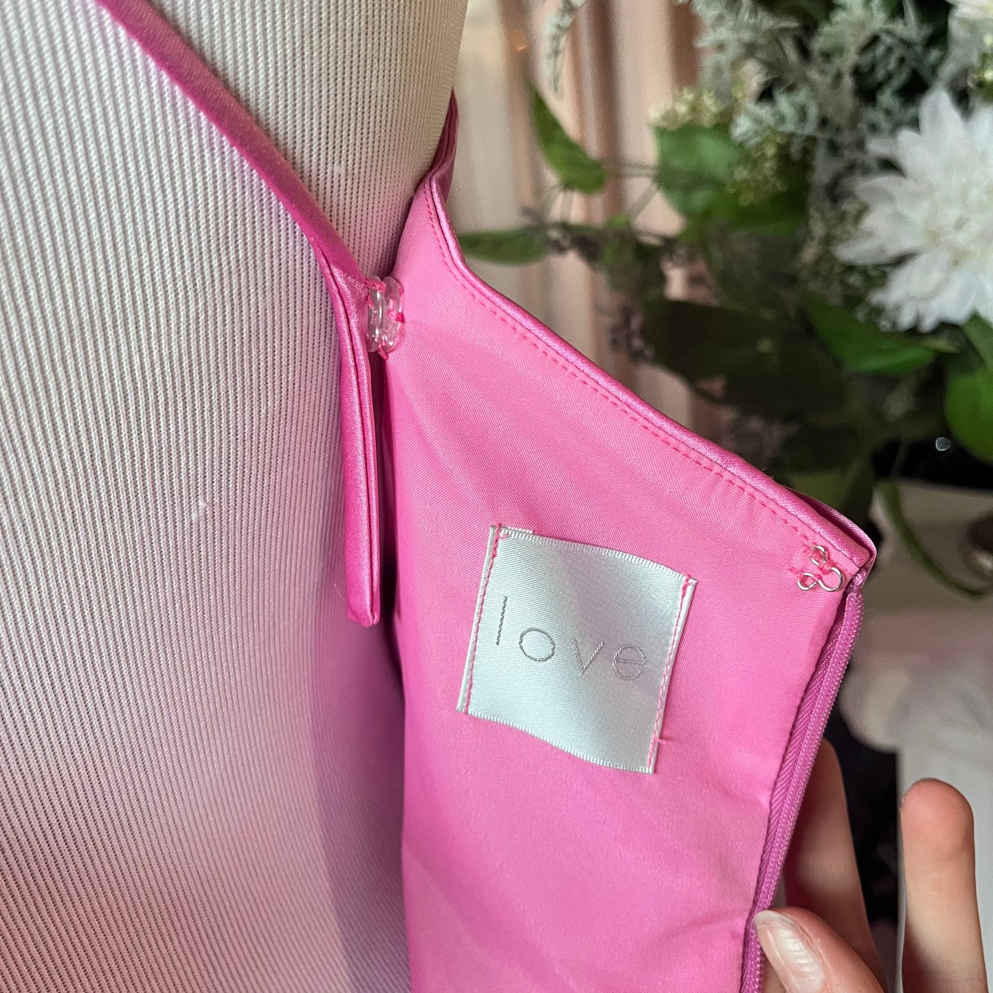 Pink Satin Gown With Adjustable Spaghetti Straps.