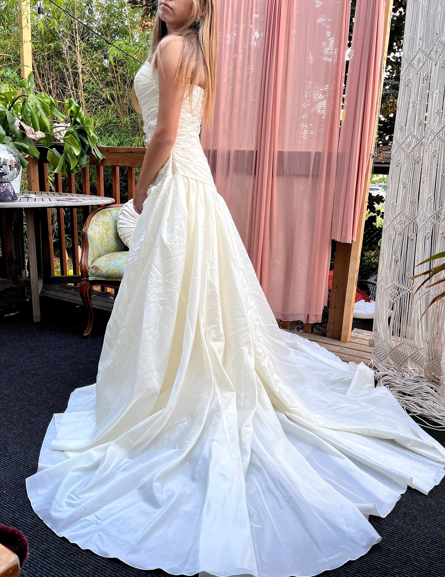 Ivory Taffeta Strapless Wedding Gown With Roses