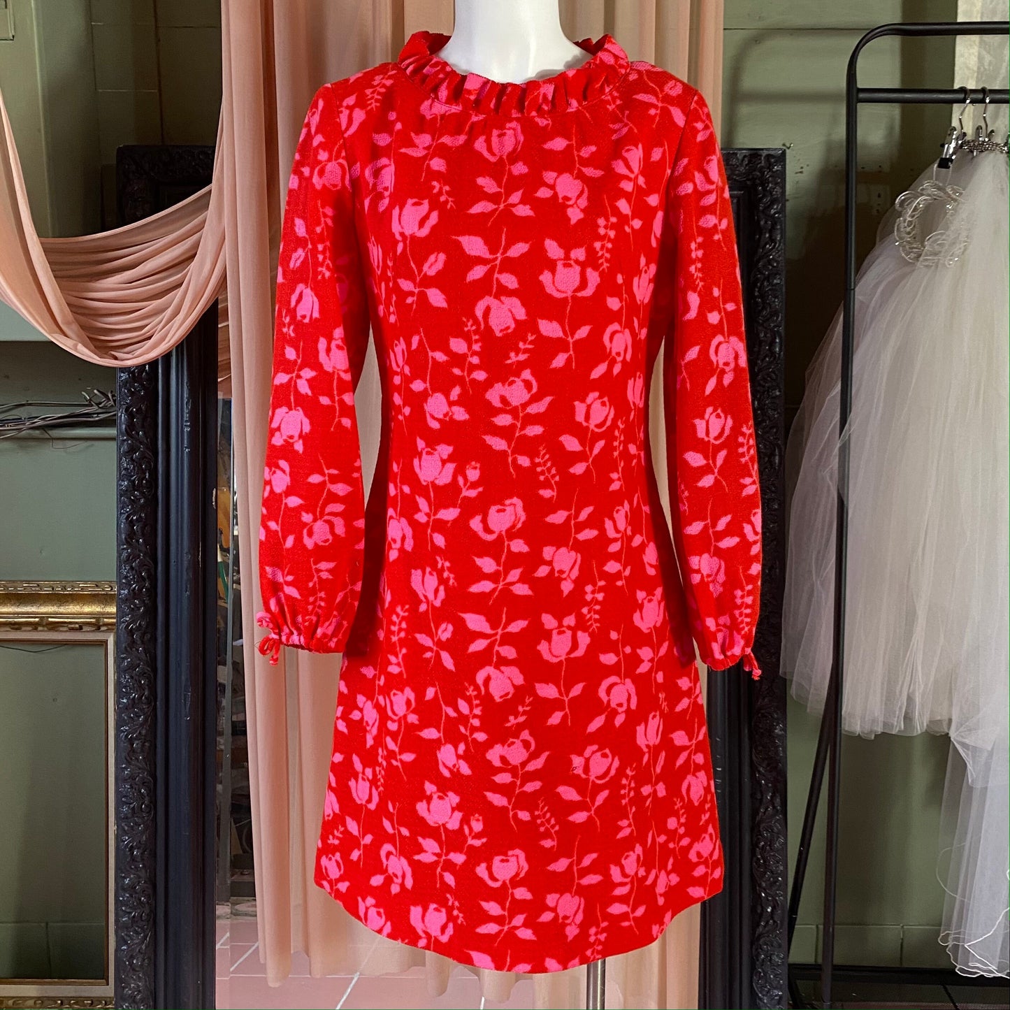 Gay Gibson Wool Red Dress with Pink roses