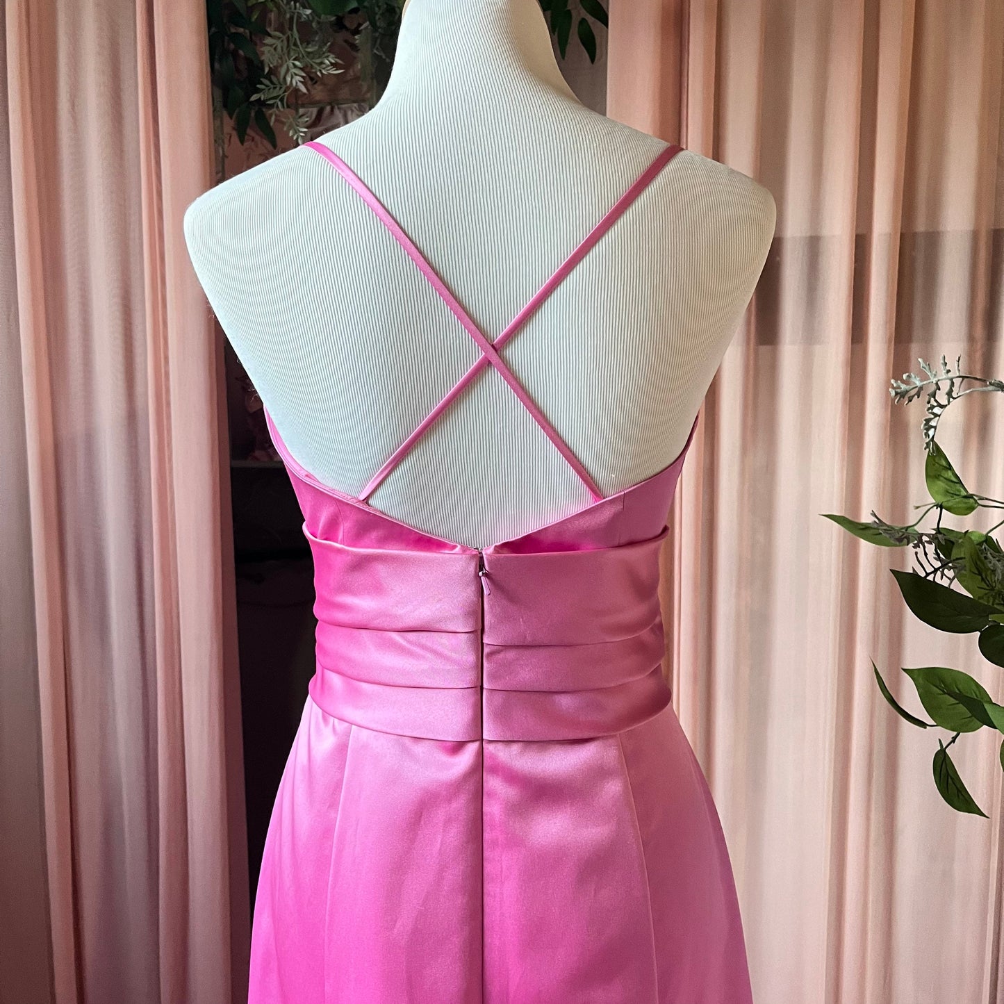 Pink Satin Gown With Adjustable Spaghetti Straps.