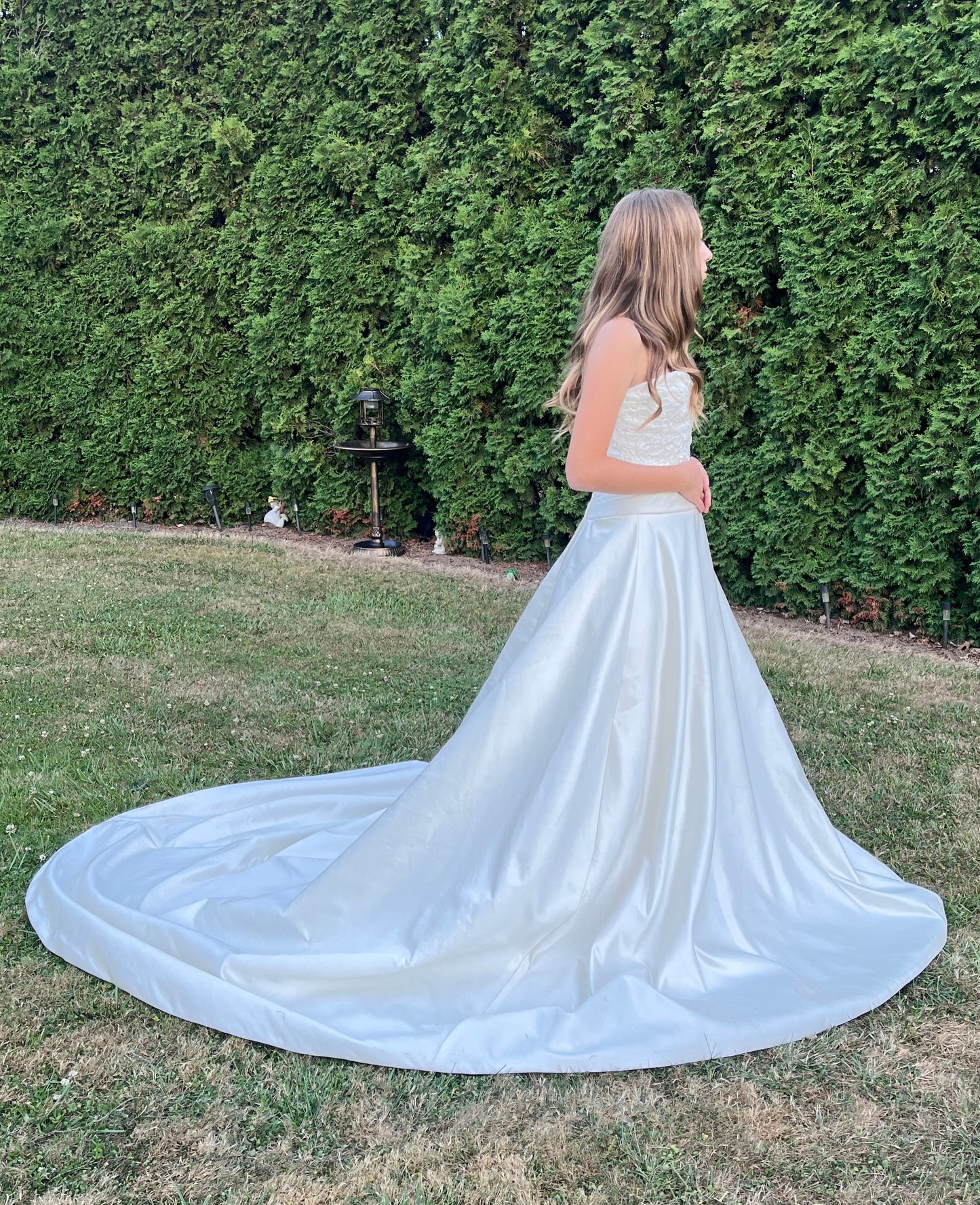 Alfred Sung Strapless Ivory Satin Ballgown with Lace Top