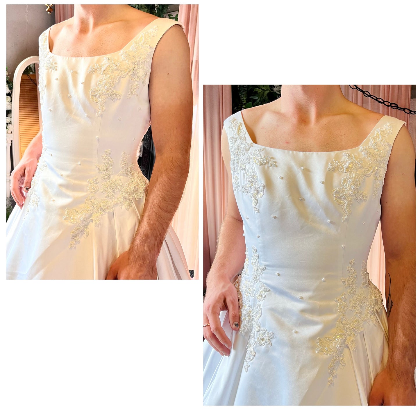 Sleeveless White Satin Ballgown with Floral Lace and Pearl Detail