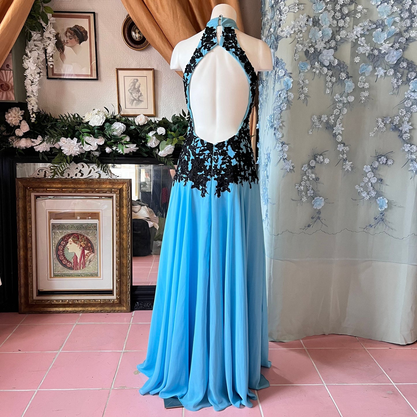 Blue Halter Top Dress W/ Black Applique & Open Back