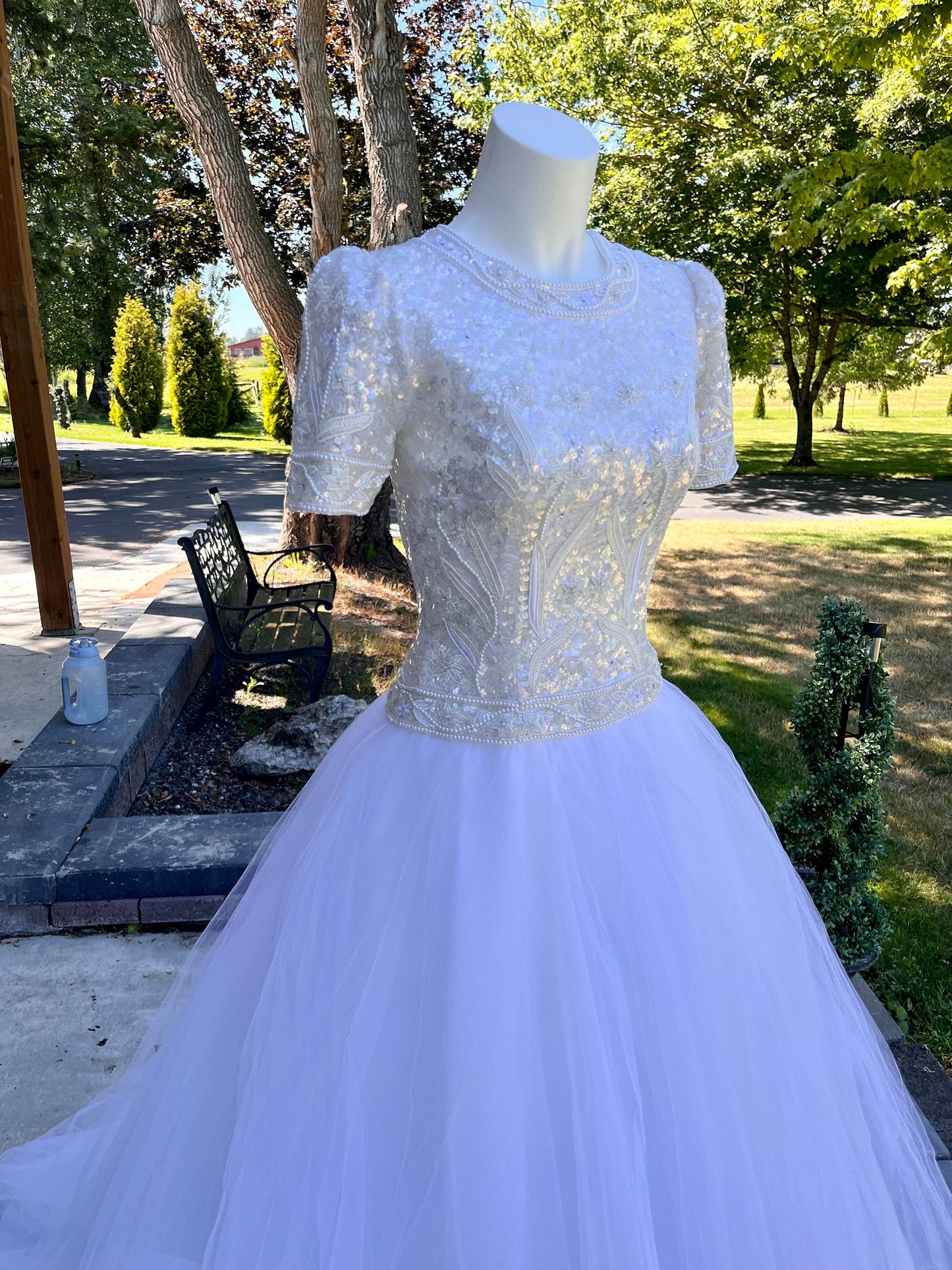 Stunning Vintage White Wedding Gown With Sequin/Beaded Bodice & Tulle Skirt