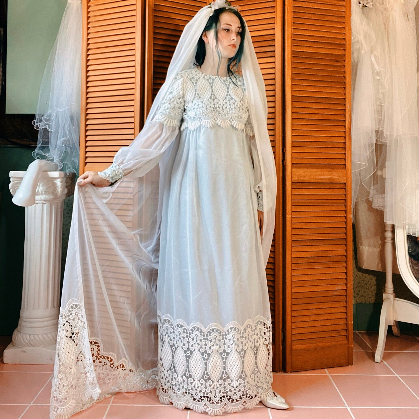 1973 Ivory Over Blue French Laced Dress with 2 Matching Veils.