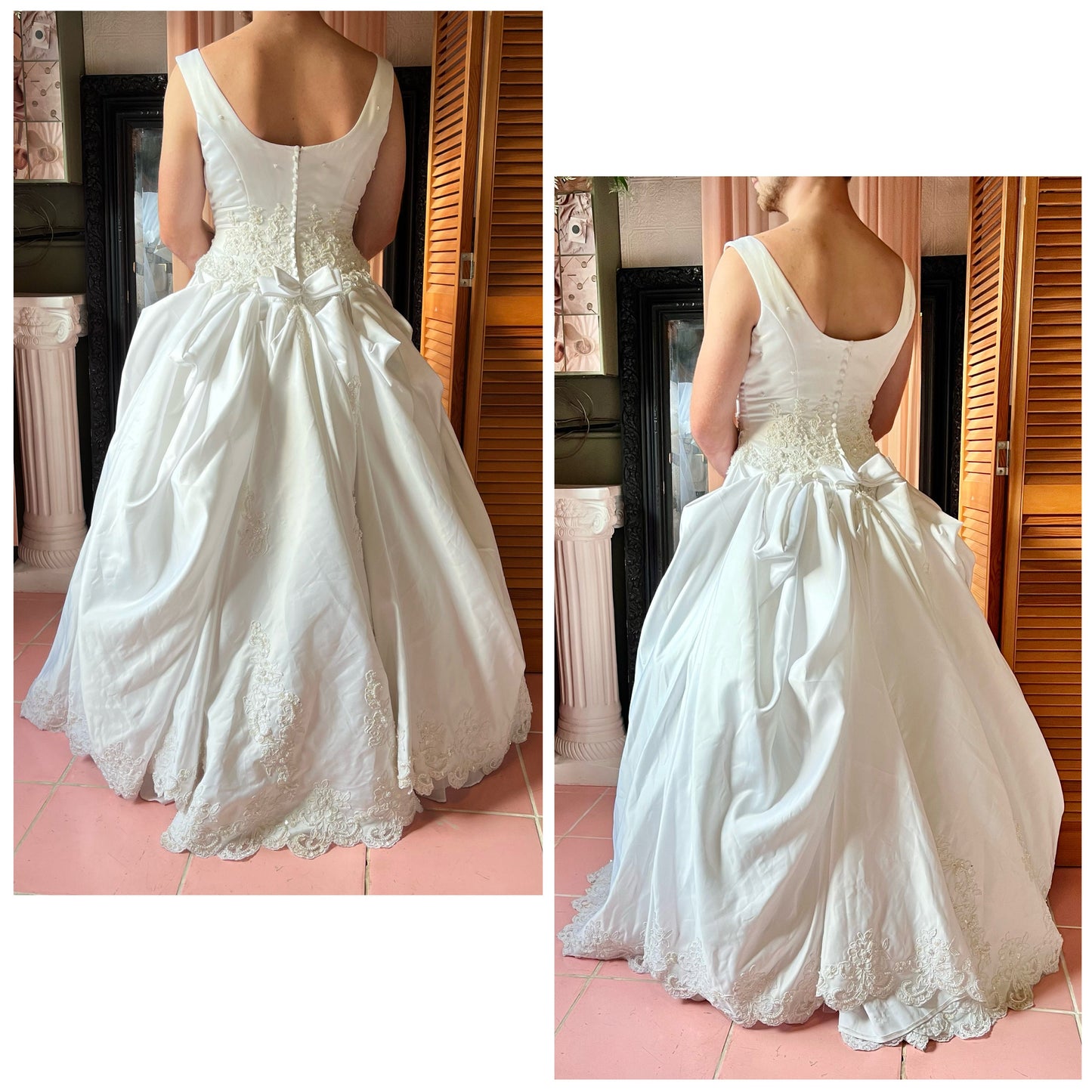 Sleeveless White Satin Ballgown with Floral Lace and Pearl Detail