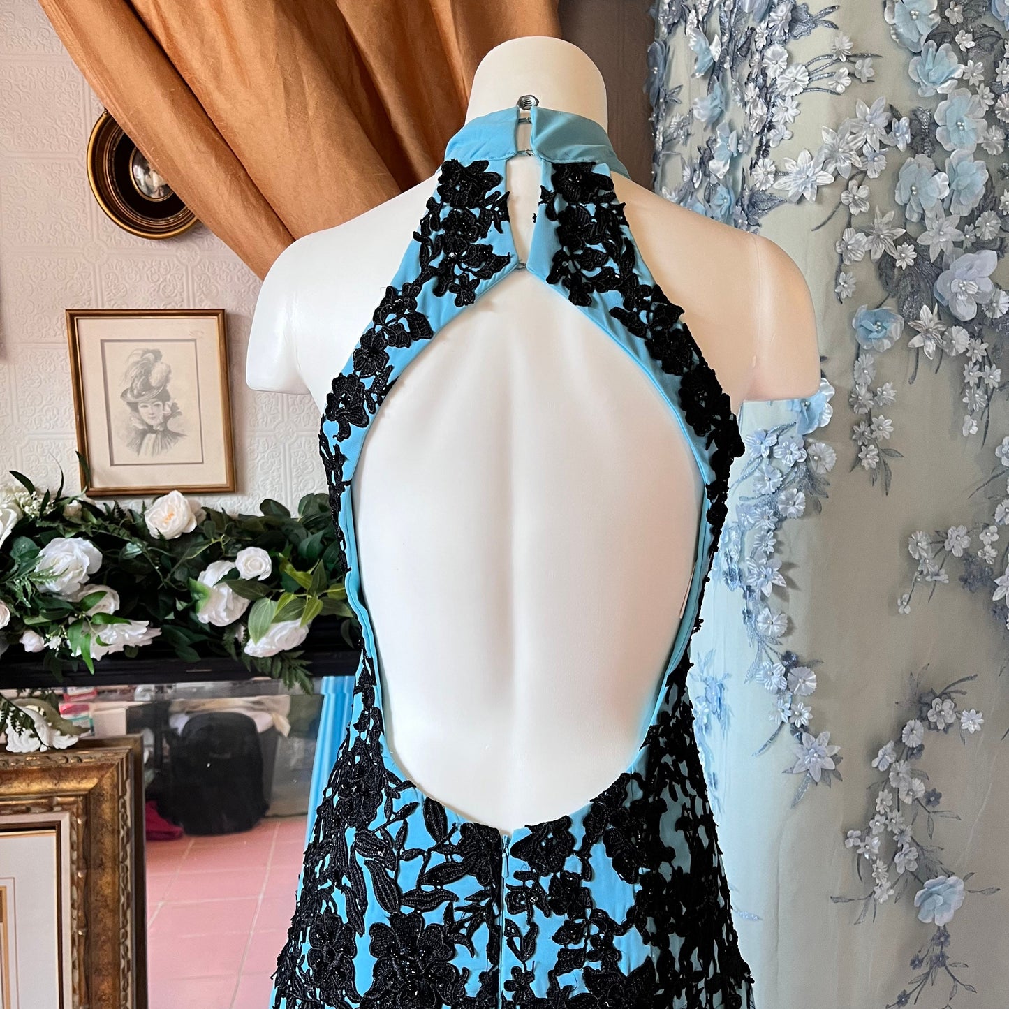 Blue Halter Top Dress W/ Black Applique & Open Back