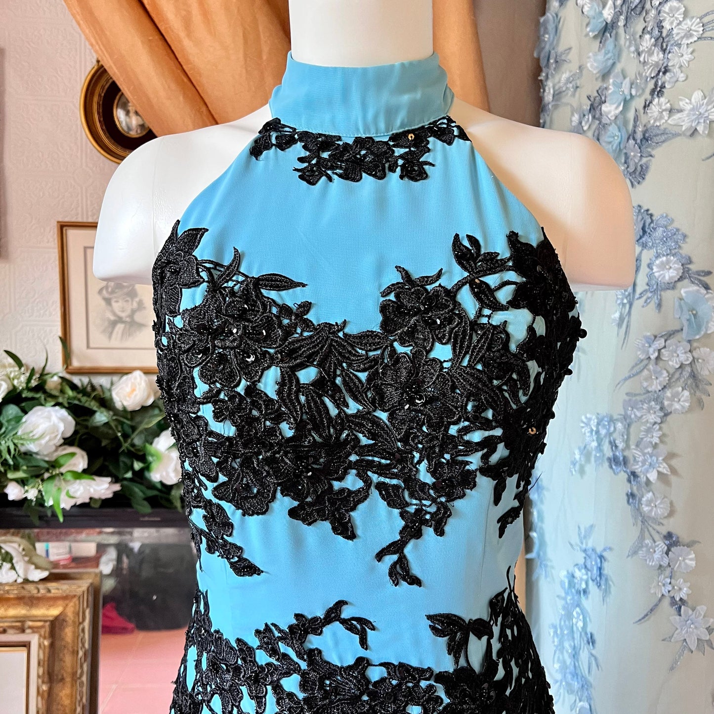 Blue Halter Top Dress W/ Black Applique & Open Back