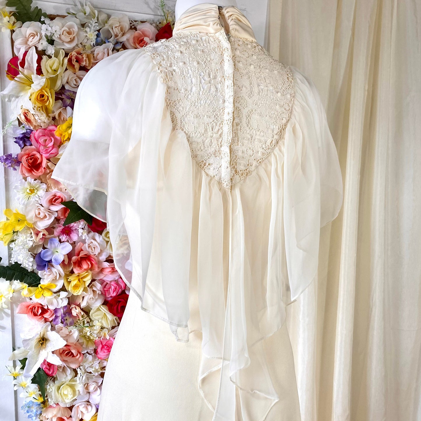 Sleeveless Butter Cream Dress with Sheer Yoke and High Modest Collar
