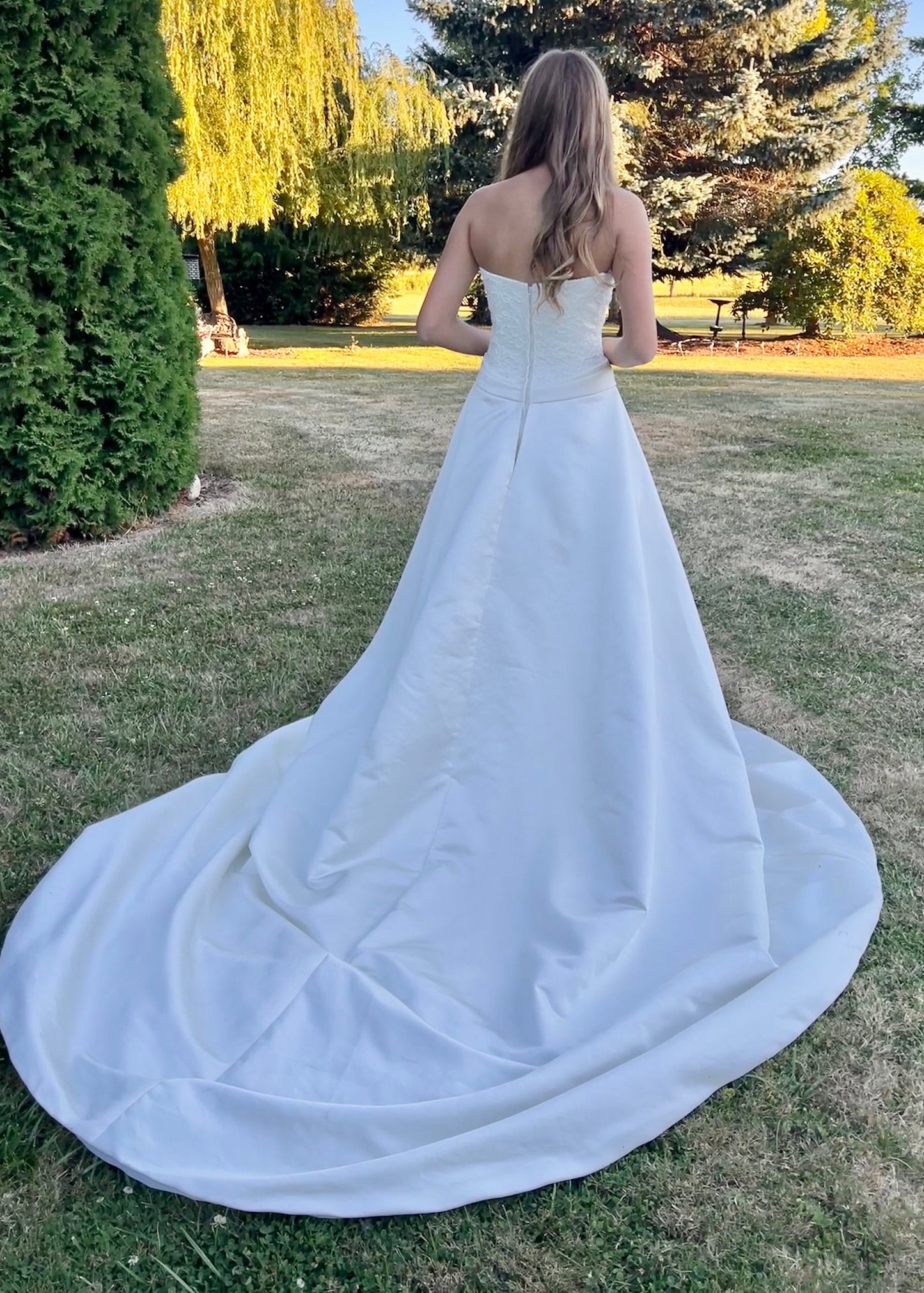 Alfred Sung Strapless Ivory Satin Ballgown with Lace Top