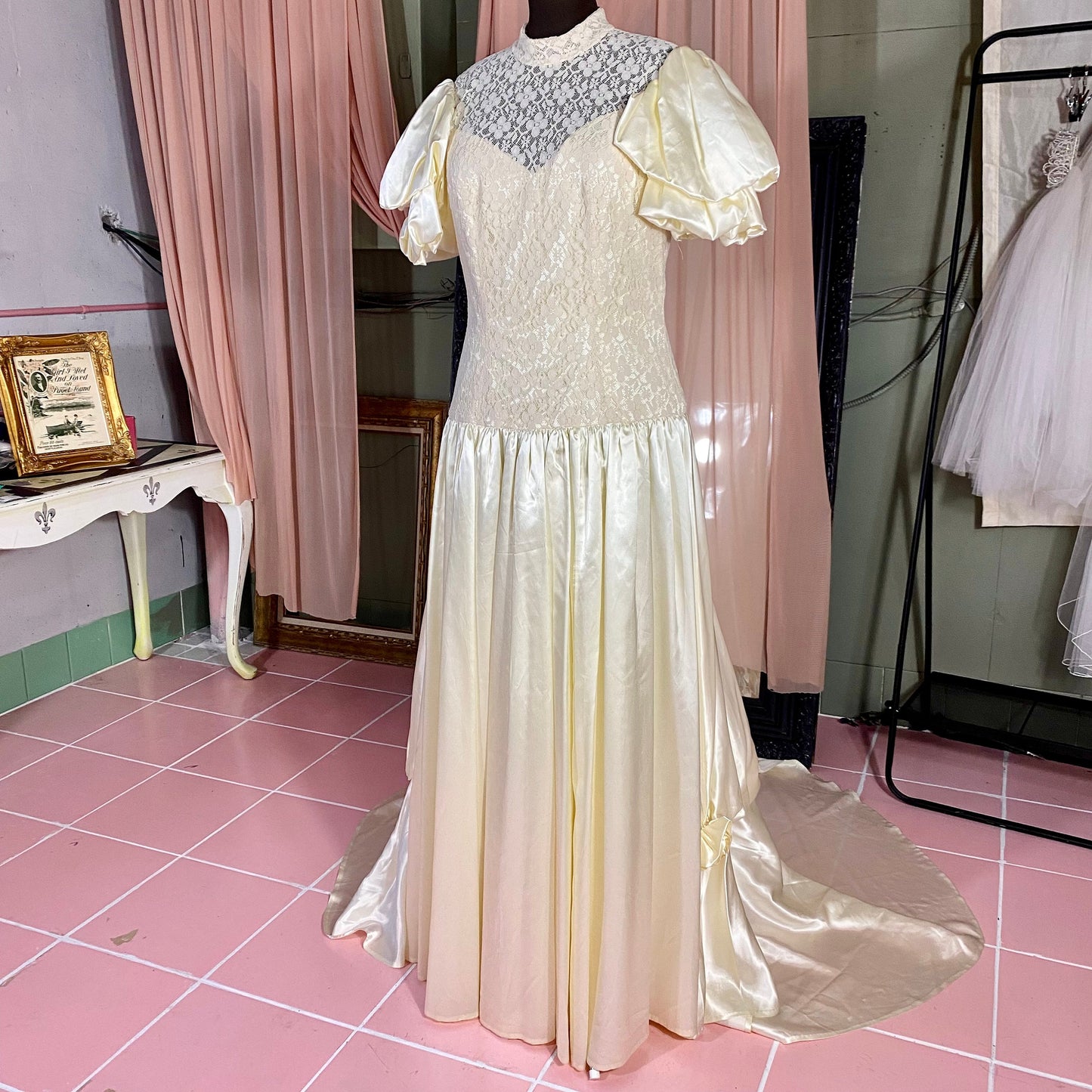 Cream Wedding Gown With Puff Sleeves, Short Train & Lace Top