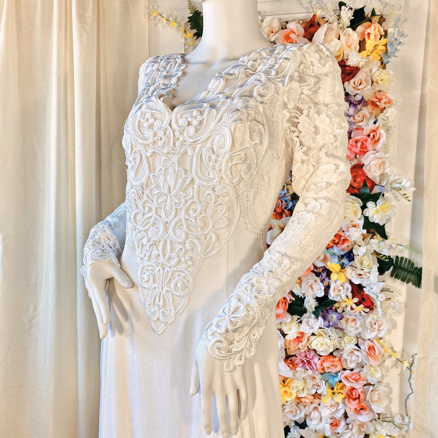 Ivory Chiffon Long Sleeve Dress with Lace Overlay