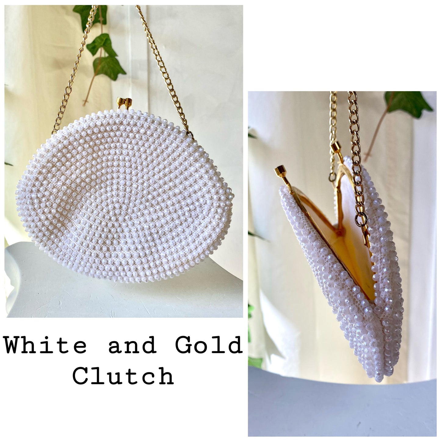 Vintage Beaded White Clutch With Gold Chain Strap