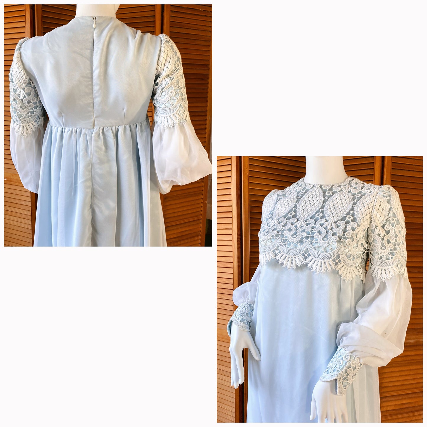 1973 Ivory Over Blue French Laced Dress with 2 Matching Veils.
