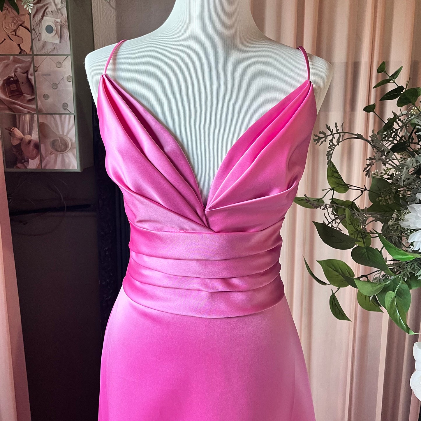 Pink Satin Gown With Adjustable Spaghetti Straps.