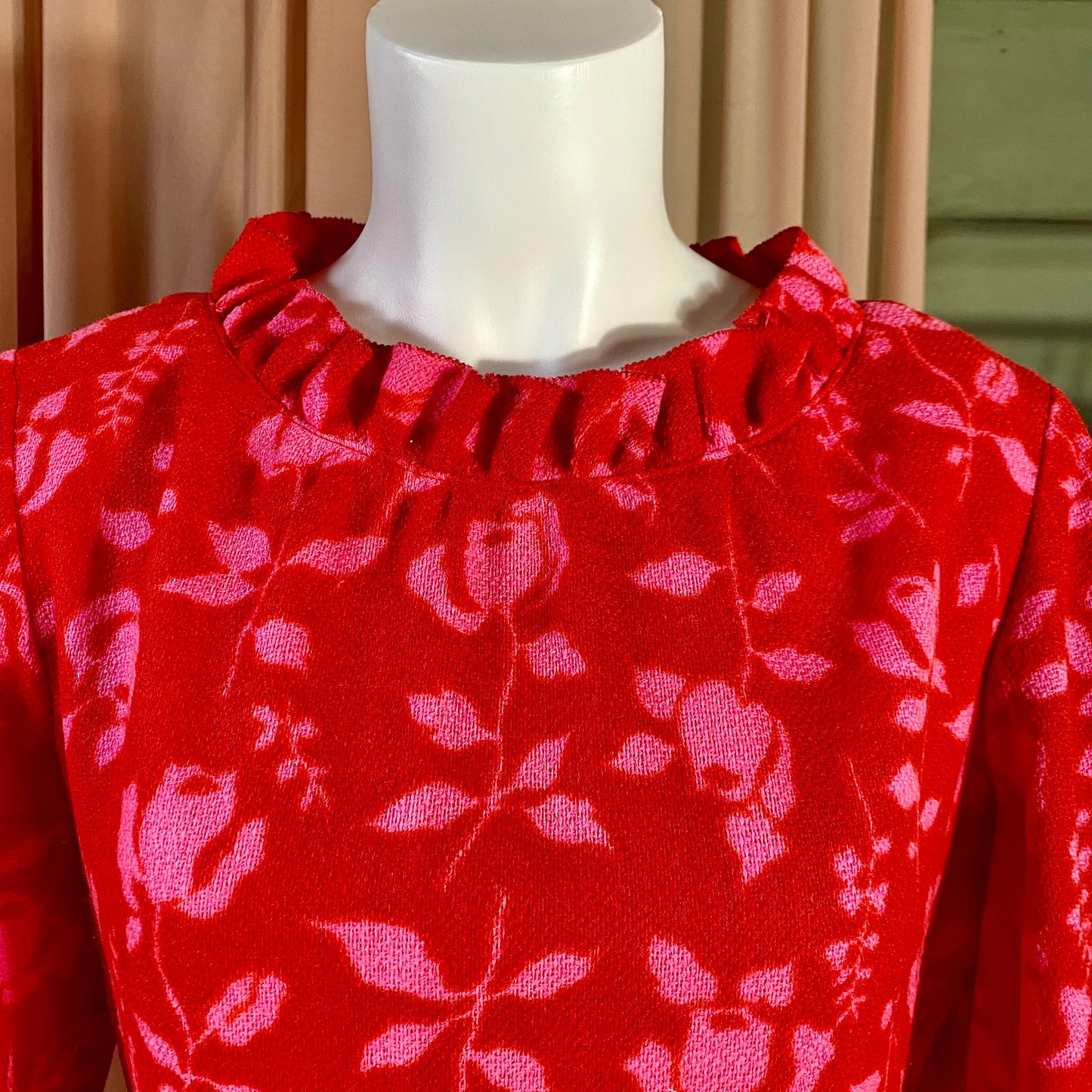 Gay Gibson Wool Red Dress with Pink roses