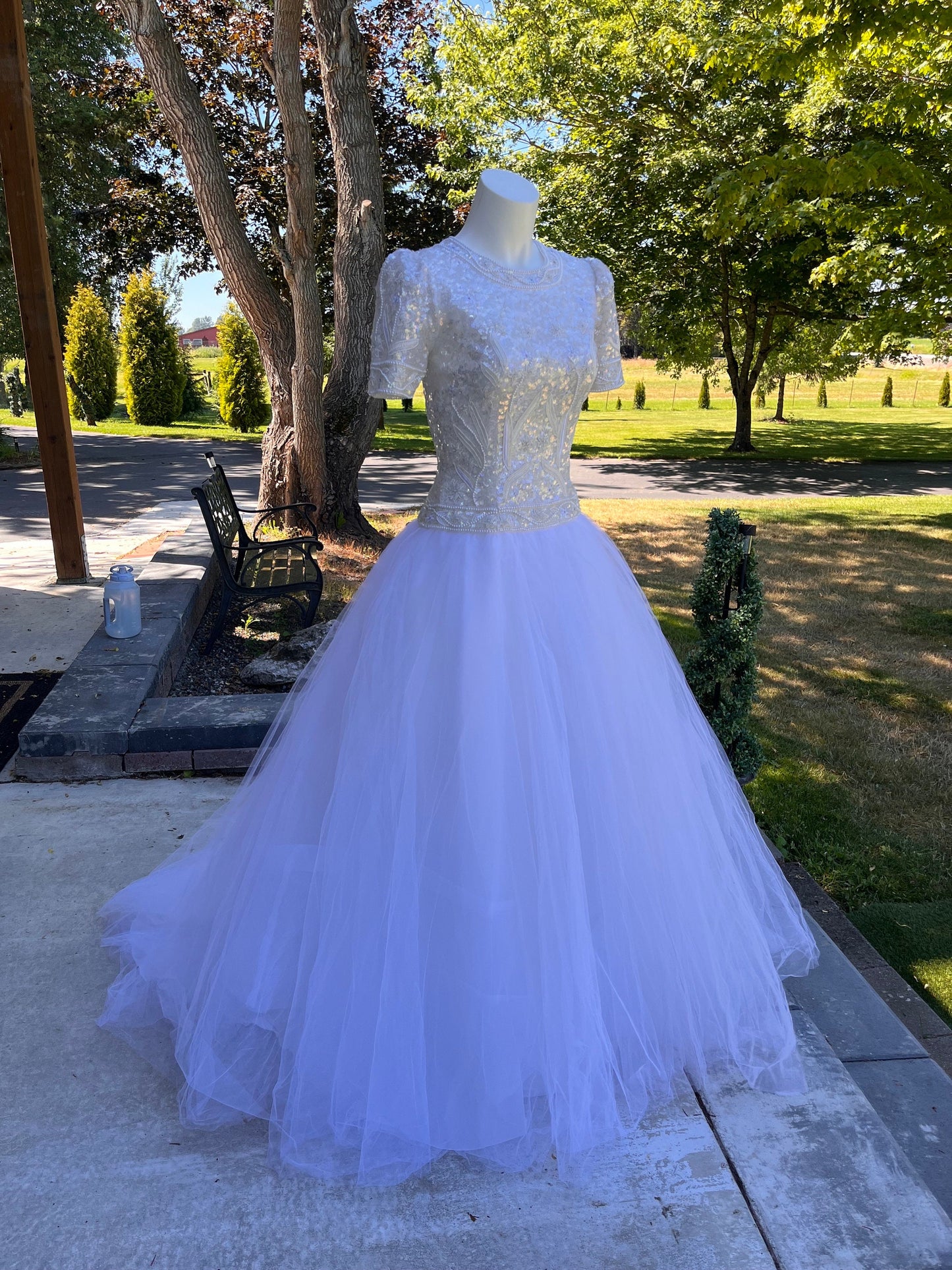 Stunning Vintage White Wedding Gown With Sequin/Beaded Bodice & Tulle Skirt