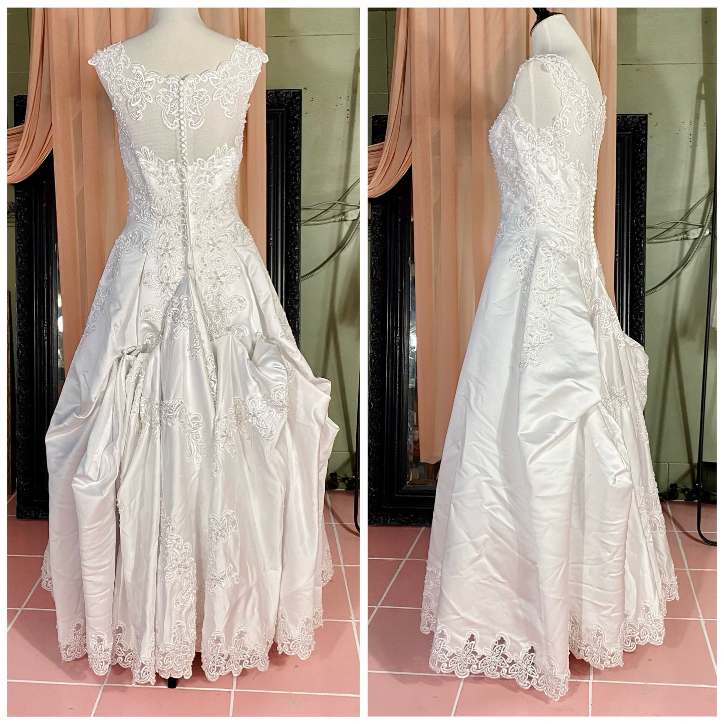 Michael Angelo White A-line Satin & Lace Sleeveless Dress With Bustle