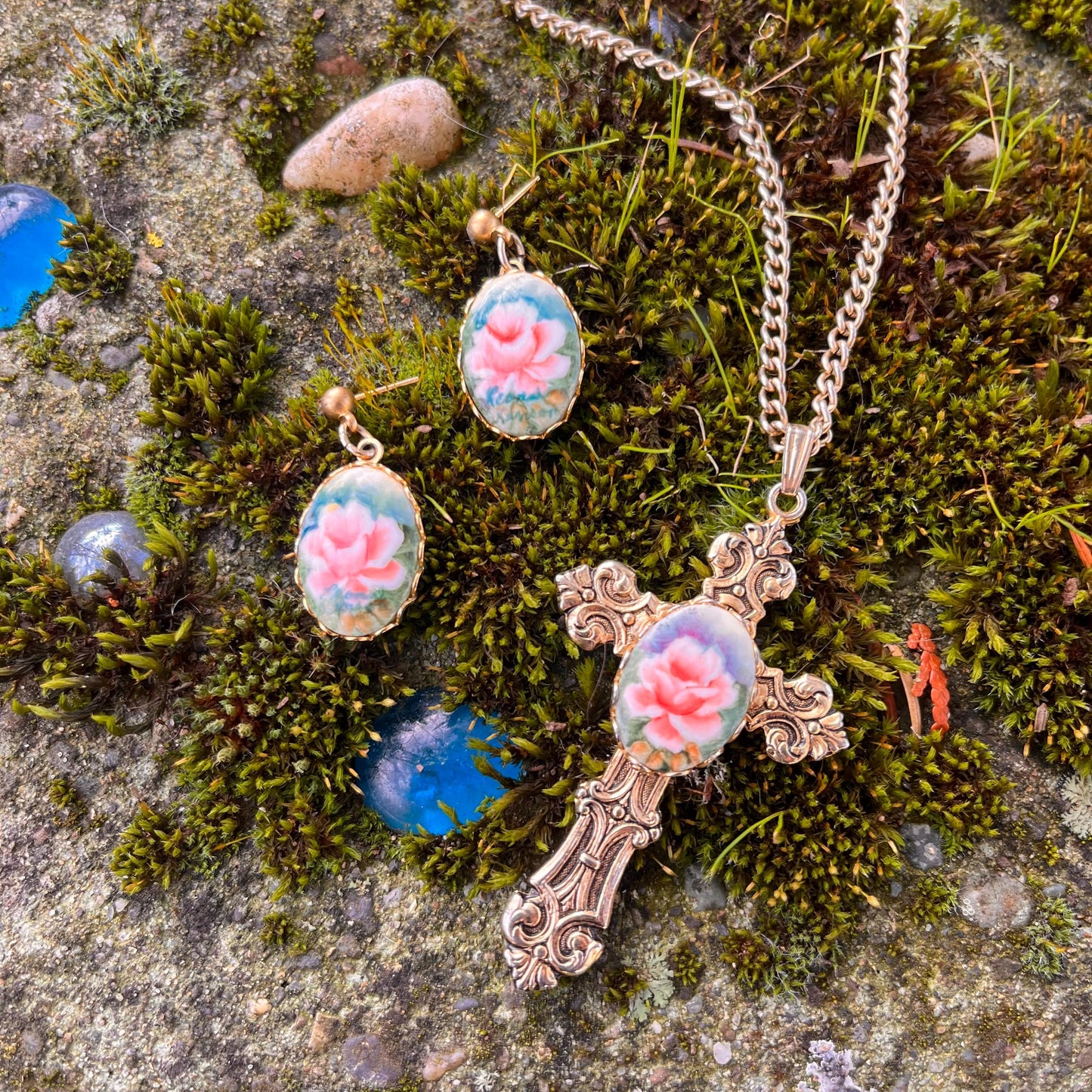 Rosalind Set- Floral Cross Necklace & Earrings Set