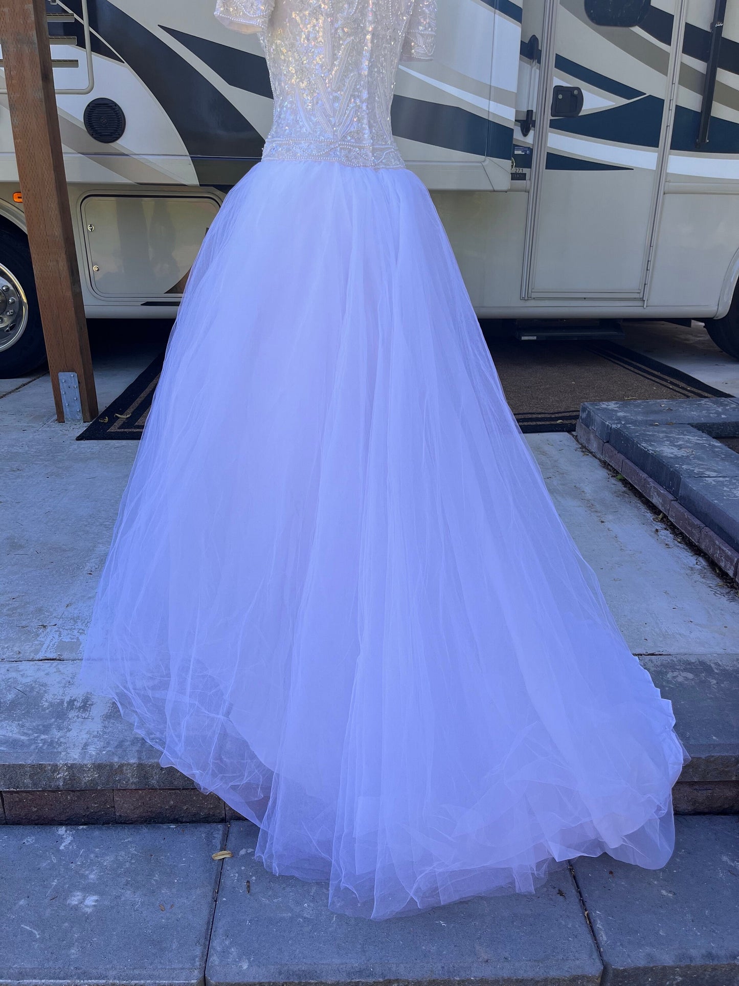 Stunning Vintage White Wedding Gown With Sequin/Beaded Bodice & Tulle Skirt