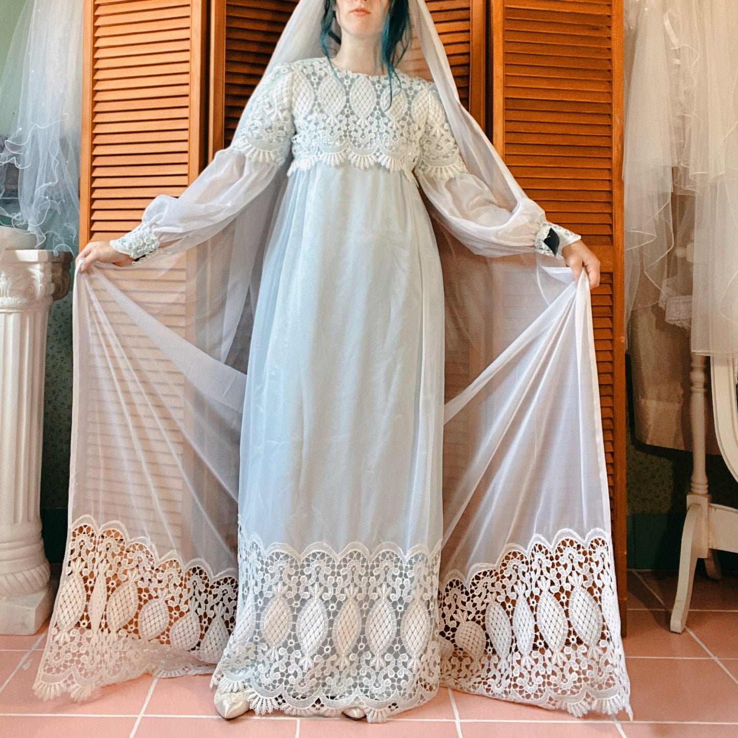 1973 Ivory Over Blue French Laced Dress with 2 Matching Veils.