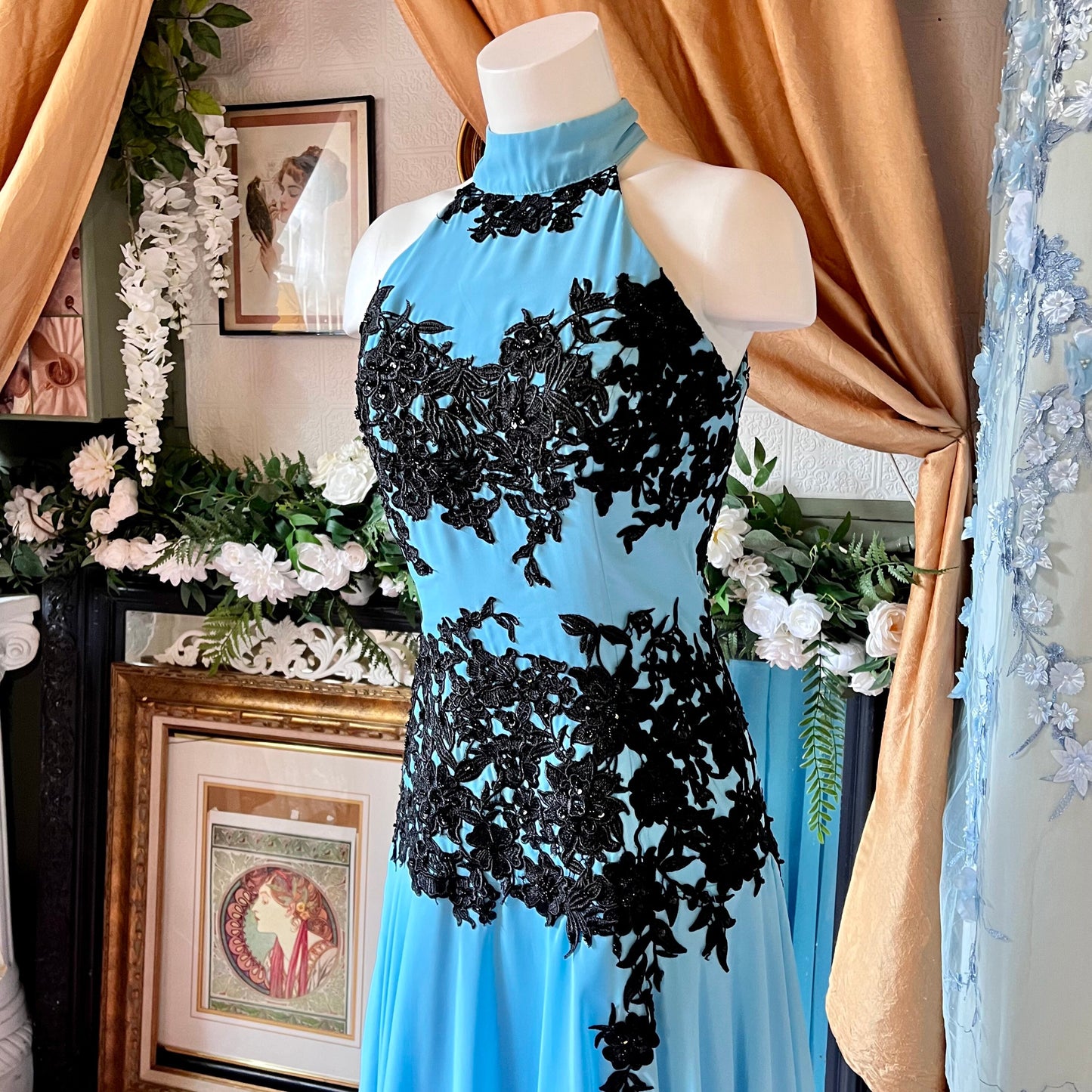 Blue Halter Top Dress W/ Black Applique & Open Back