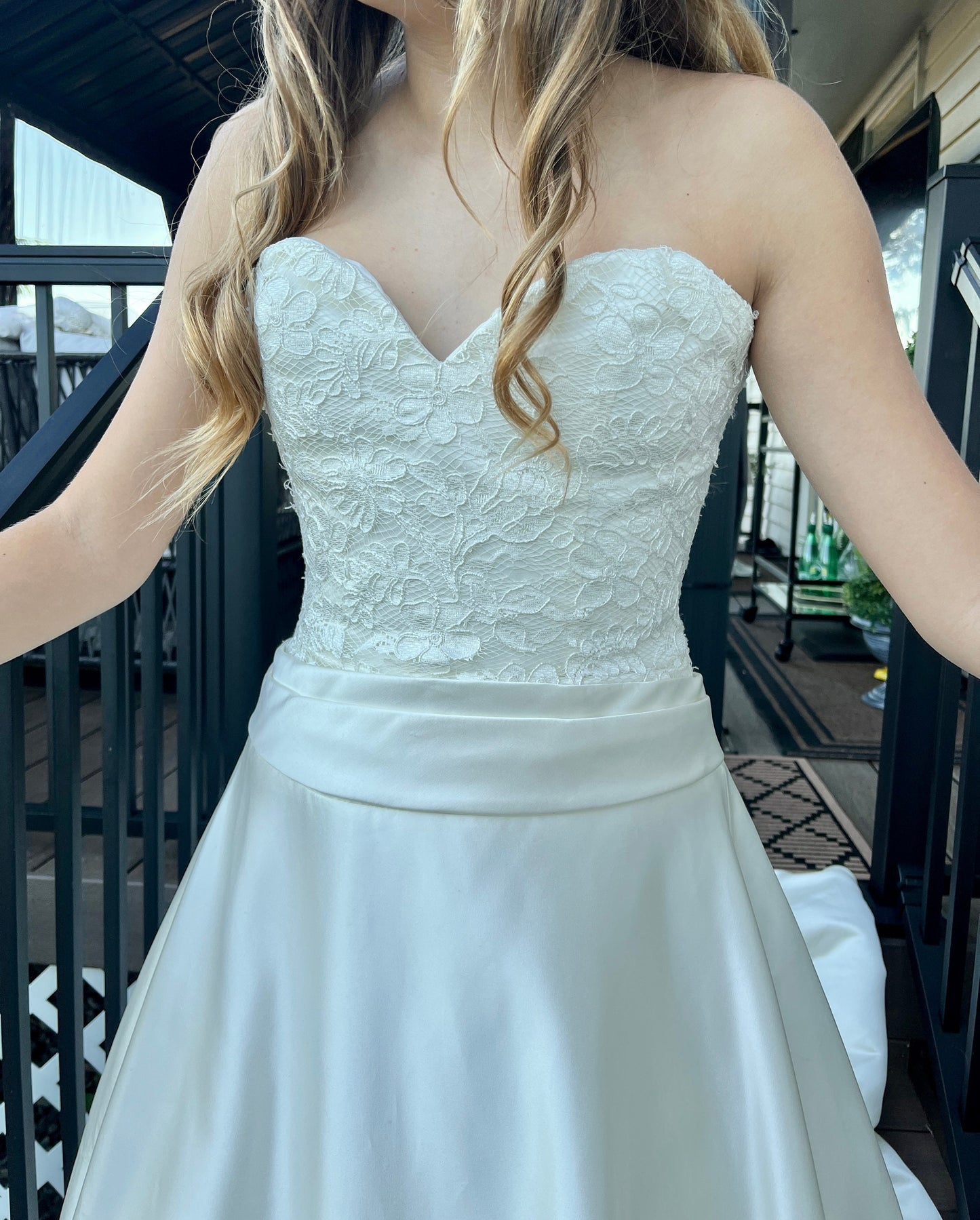 Alfred Sung Strapless Ivory Satin Ballgown with Lace Top