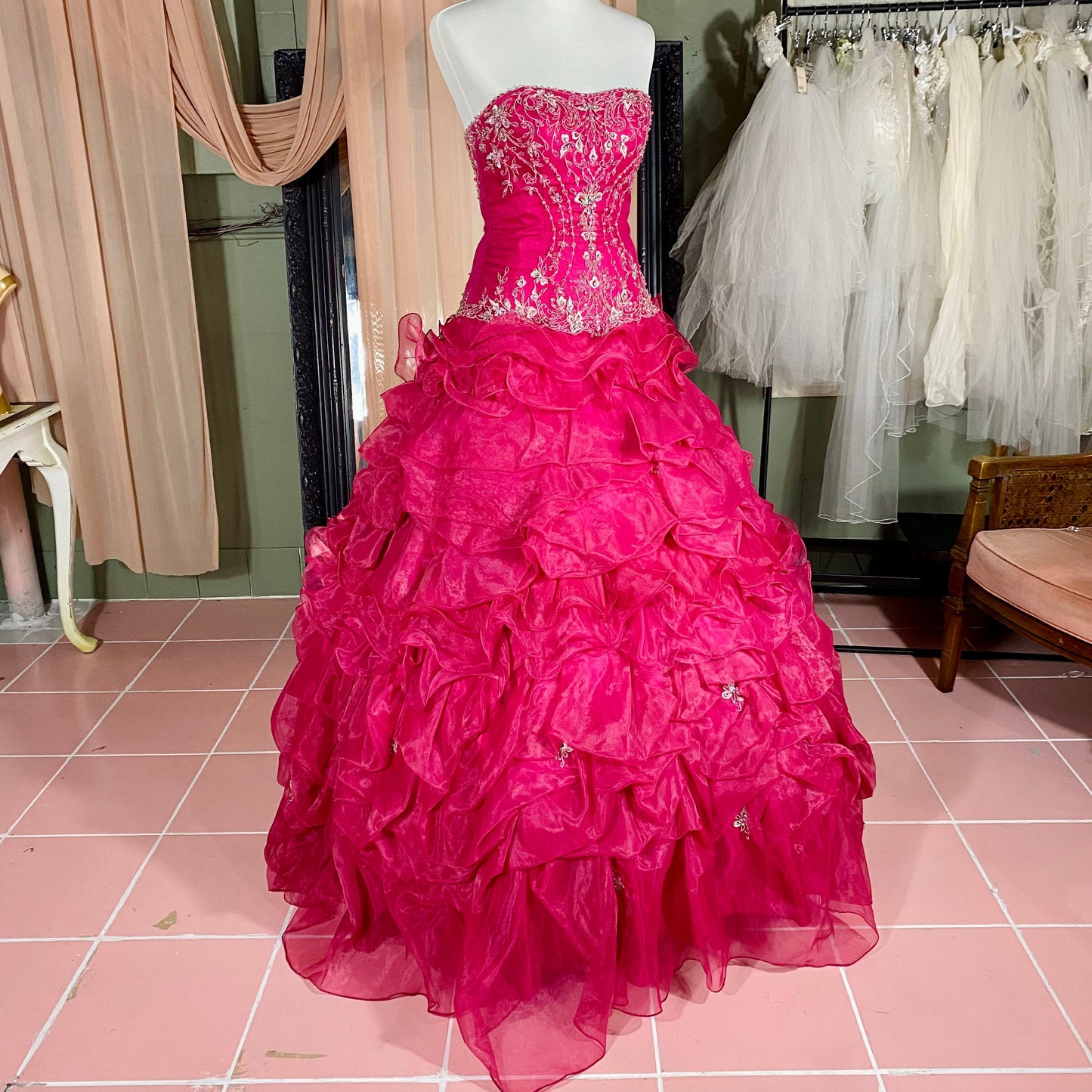 Fuchsia Strapless Ballgown With Ruffled Organza Skirt