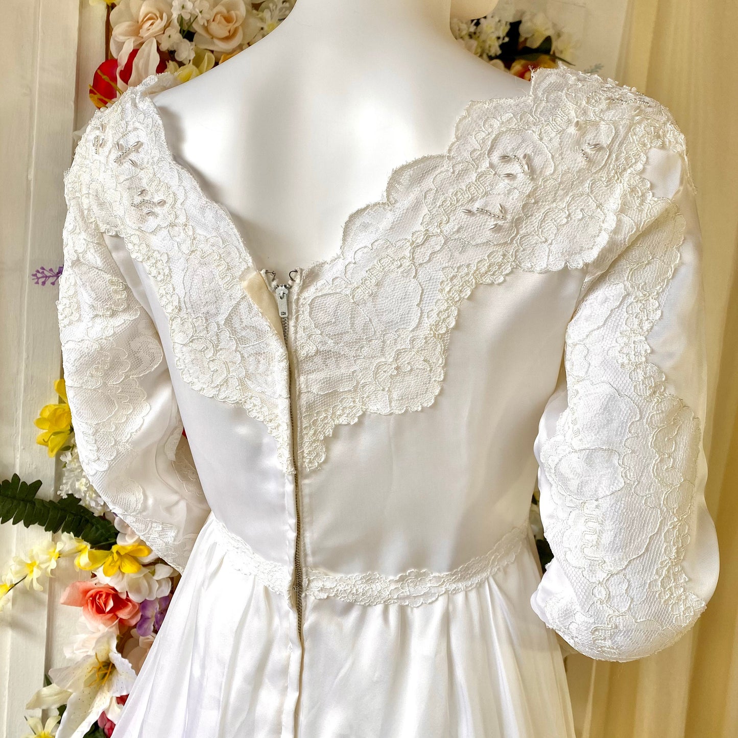 Vintage Ivory Wedding Dress with Pearl and Lace Detailing