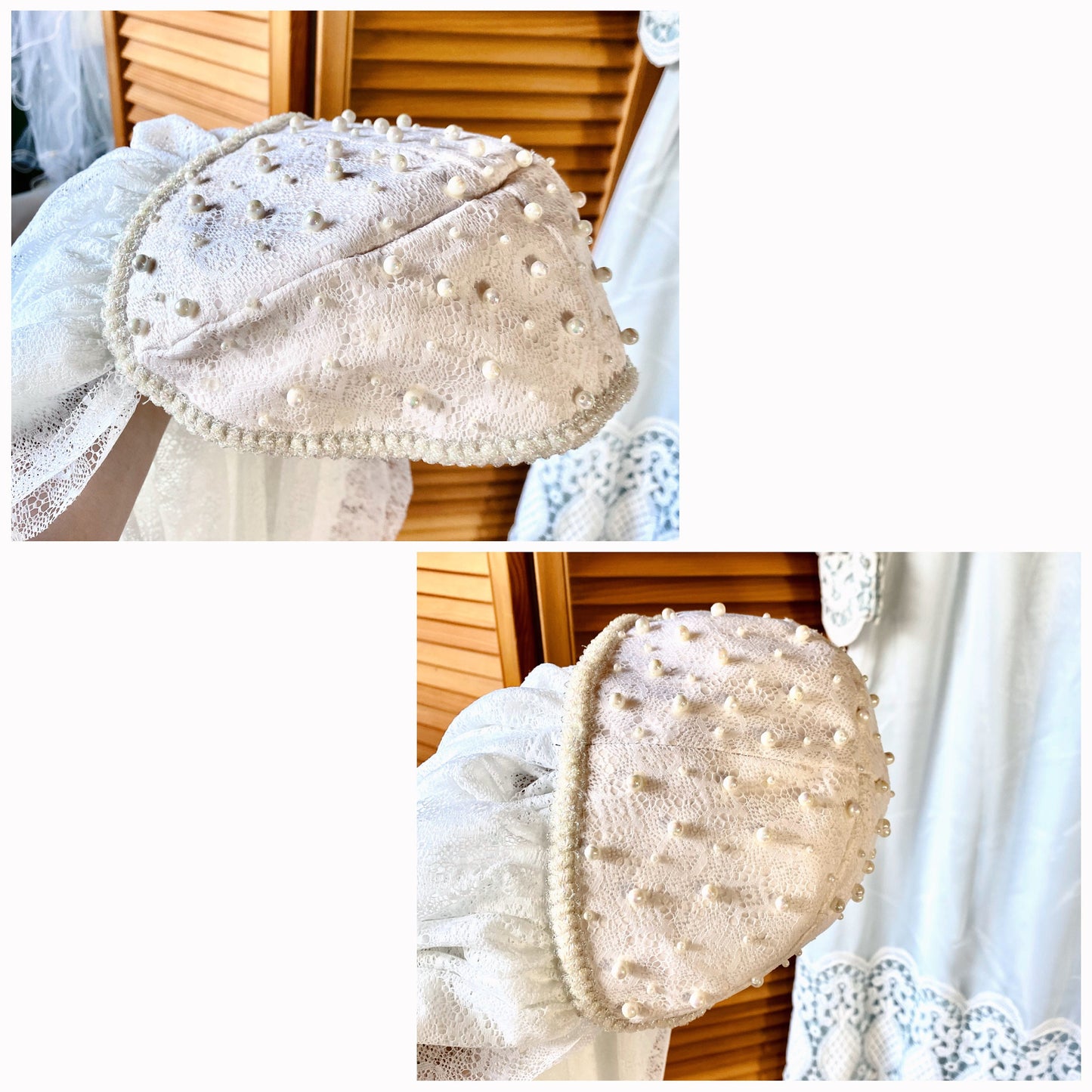 1973 Ivory Over Blue French Laced Dress with 2 Matching Veils.