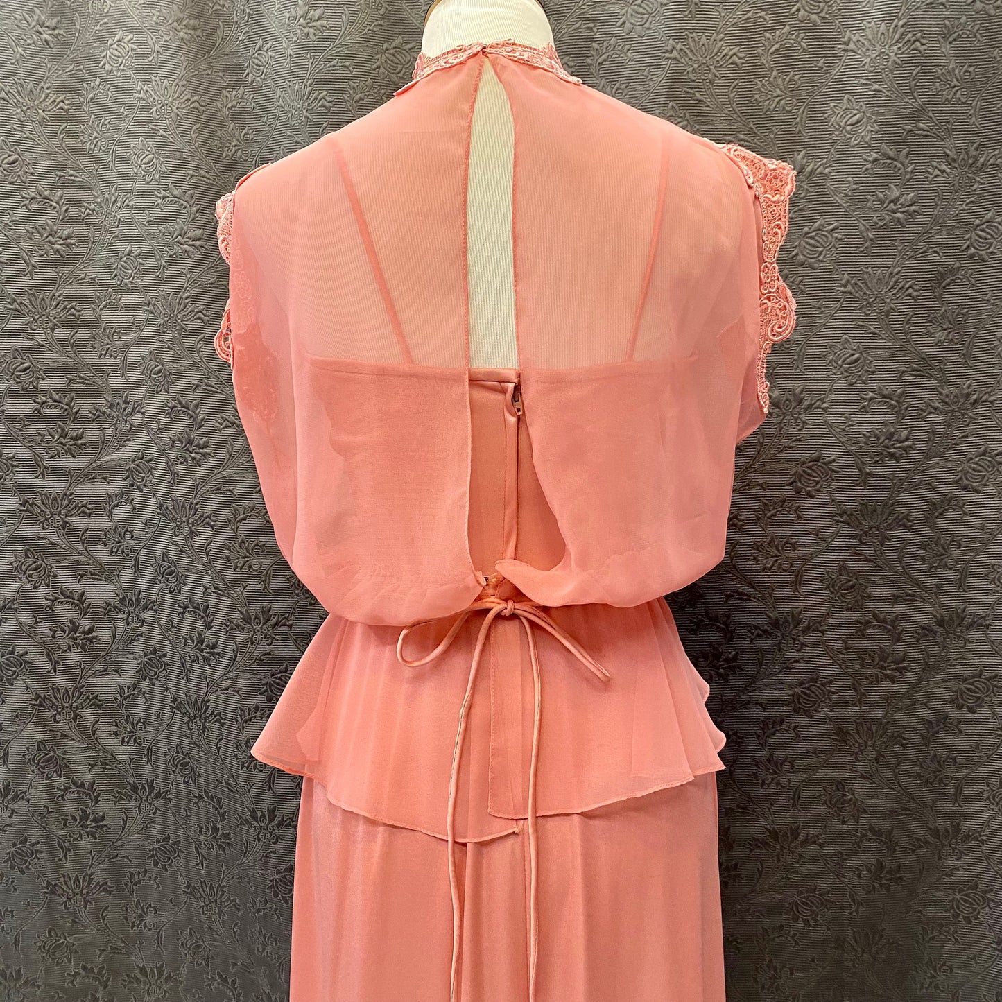 Cute 70's Vintage Peach Maxi Dress With Sheer High Collared Top