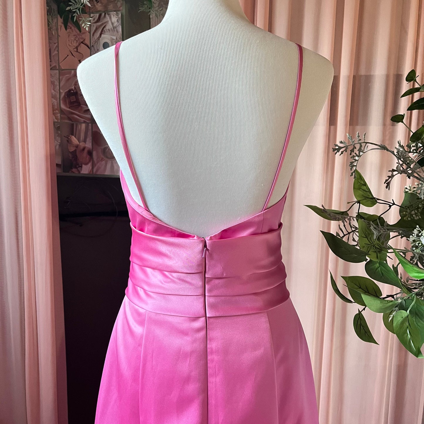 Pink Satin Gown With Adjustable Spaghetti Straps.