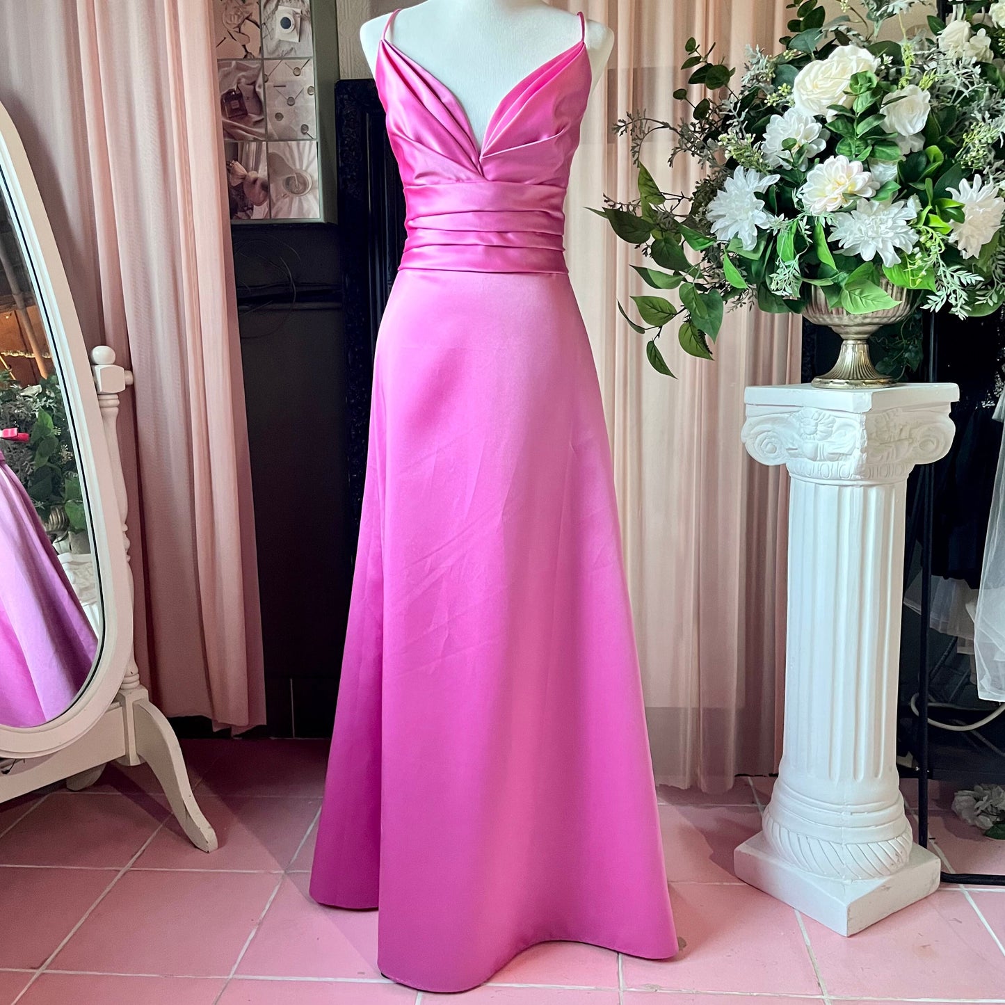 Pink Satin Gown With Adjustable Spaghetti Straps.