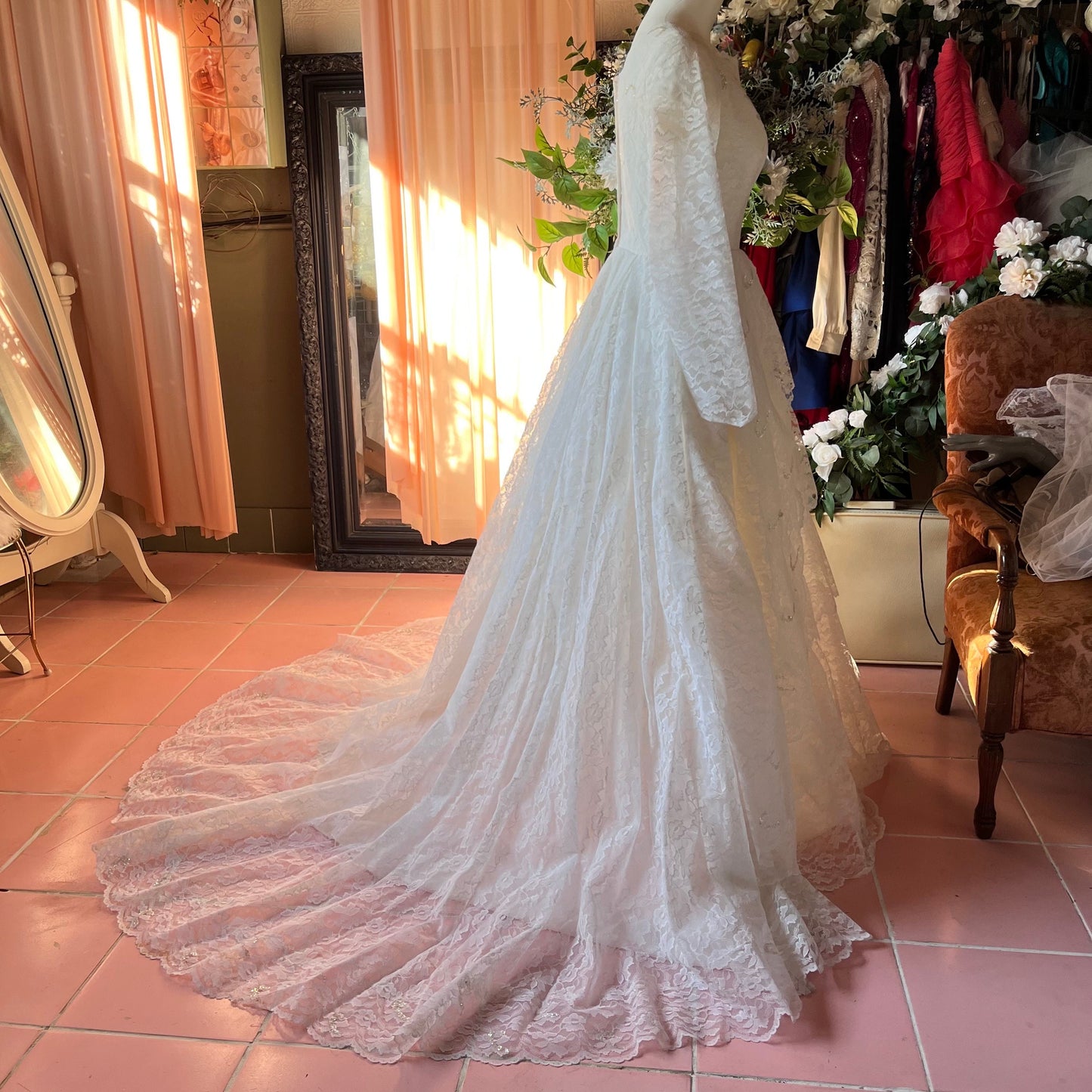 All Lace Long Sleeved Ballgown With Tiered Skirt