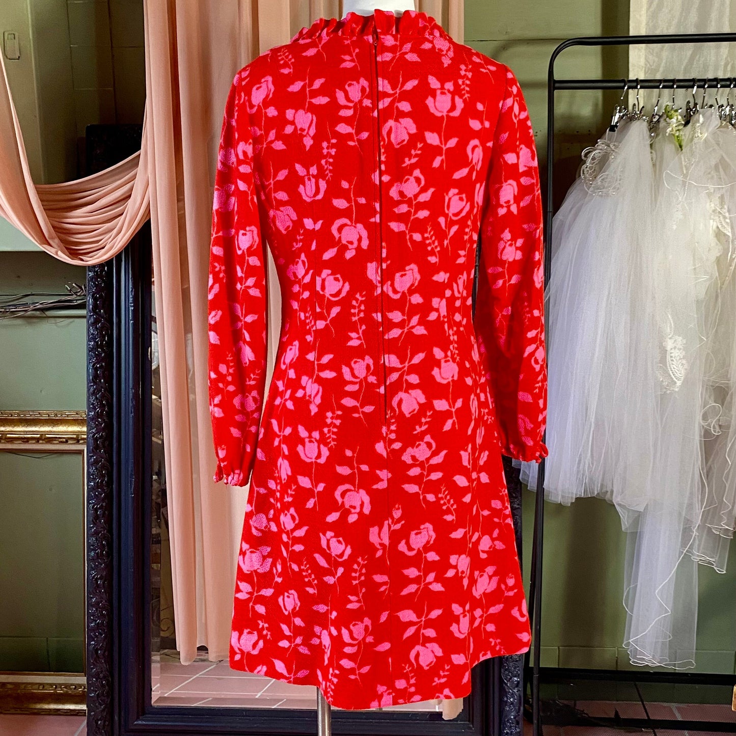 Gay Gibson Wool Red Dress with Pink roses